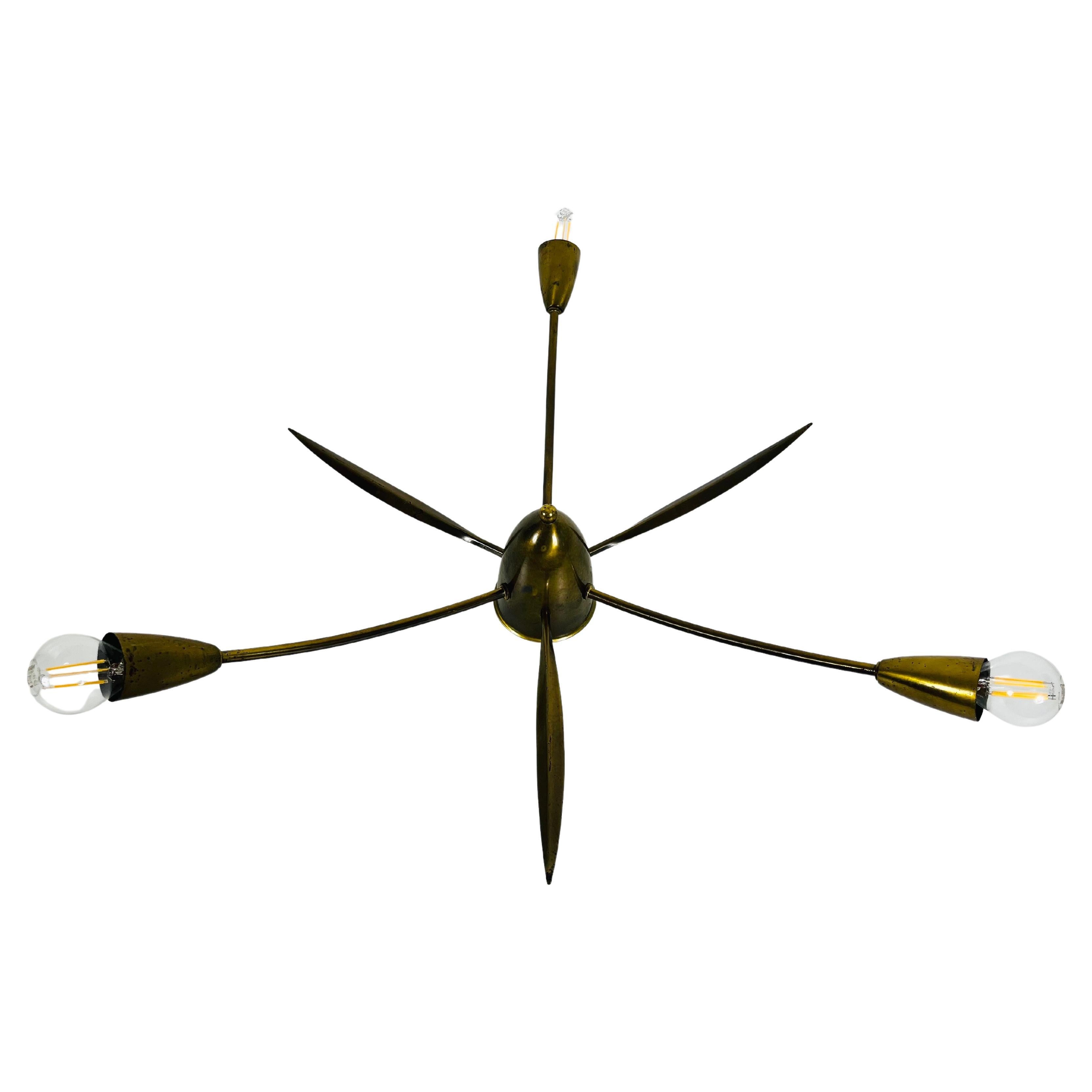 Midcentury Brass 3-Arm Sputnik Chandelier, 1960s For Sale