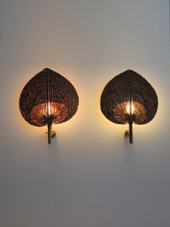 Midcentury Brass an Natural Fan Sconces Wall Lights, Italy 1970s