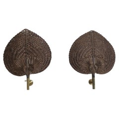 Midcentury Brass an Natural Fan Sconces Wall Lights, Italy 1970s