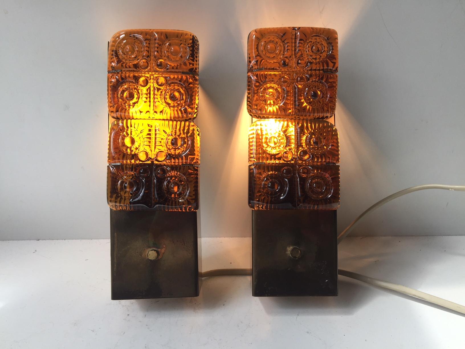Mid-Century Modern Midcentury Brass and Amber Glass Sconces by HAGS, Austria, Vienna, 1950s For Sale