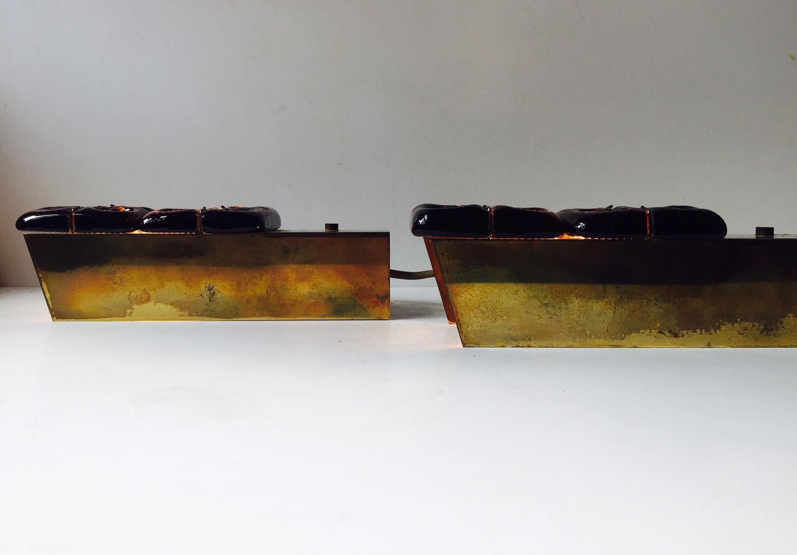 Mid-20th Century Midcentury Brass and Amber Glass Sconces by HAGS, Austria, Vienna, 1950s For Sale