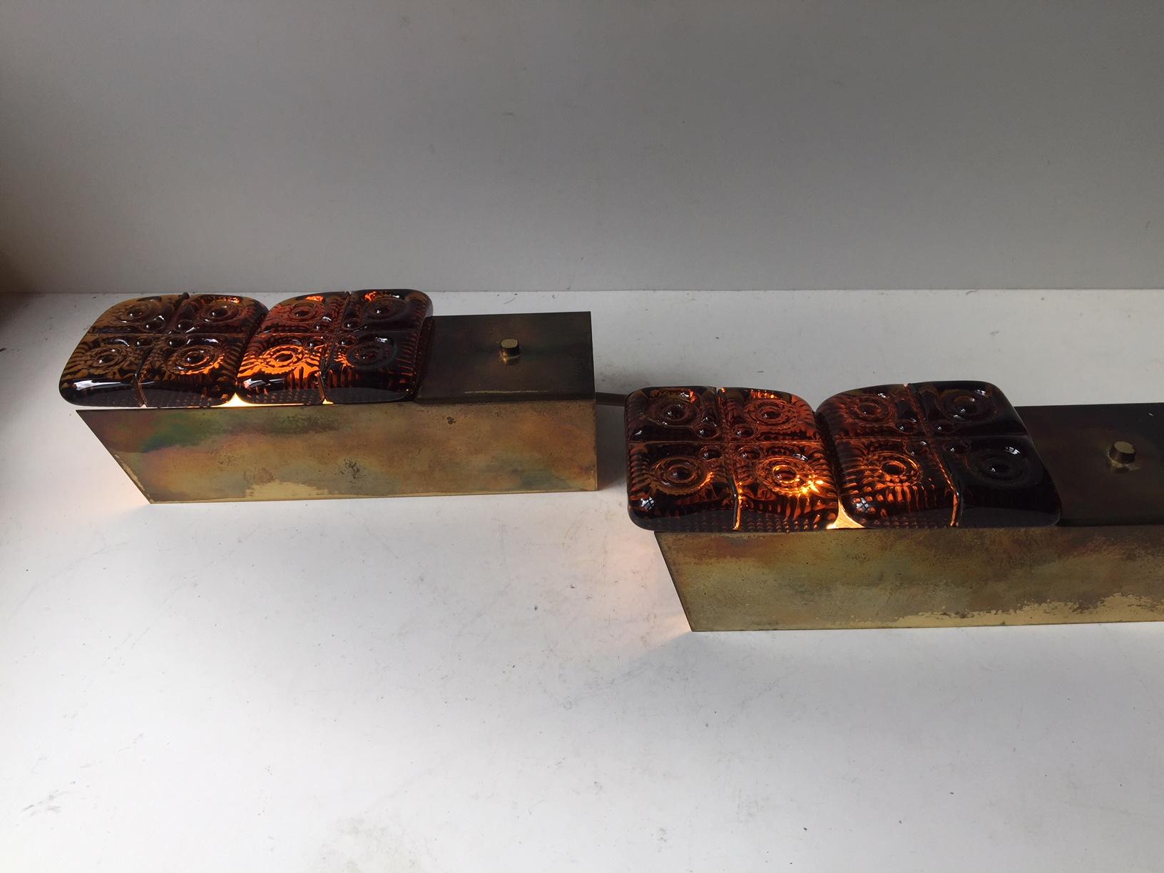 Midcentury Brass and Amber Glass Sconces by HAGS, Austria, Vienna, 1950s For Sale 3