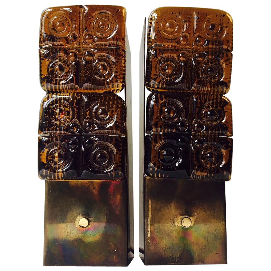 Midcentury Brass and Amber Glass Sconces by HAGS, Austria, Vienna, 1950s