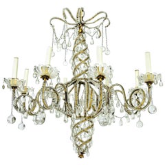 Midcentury Brass and Beaded Crystal 8-Light Chandelier Attributed to Baguès