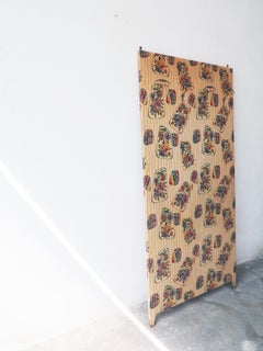 Midcentury Brass and Beech Wood Italian Coat Rack with Floral Wallpaper, 1950s