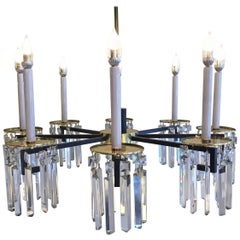 Midcentury Brass and Black Crystal eight-Arm Chandelier Parzinger Style