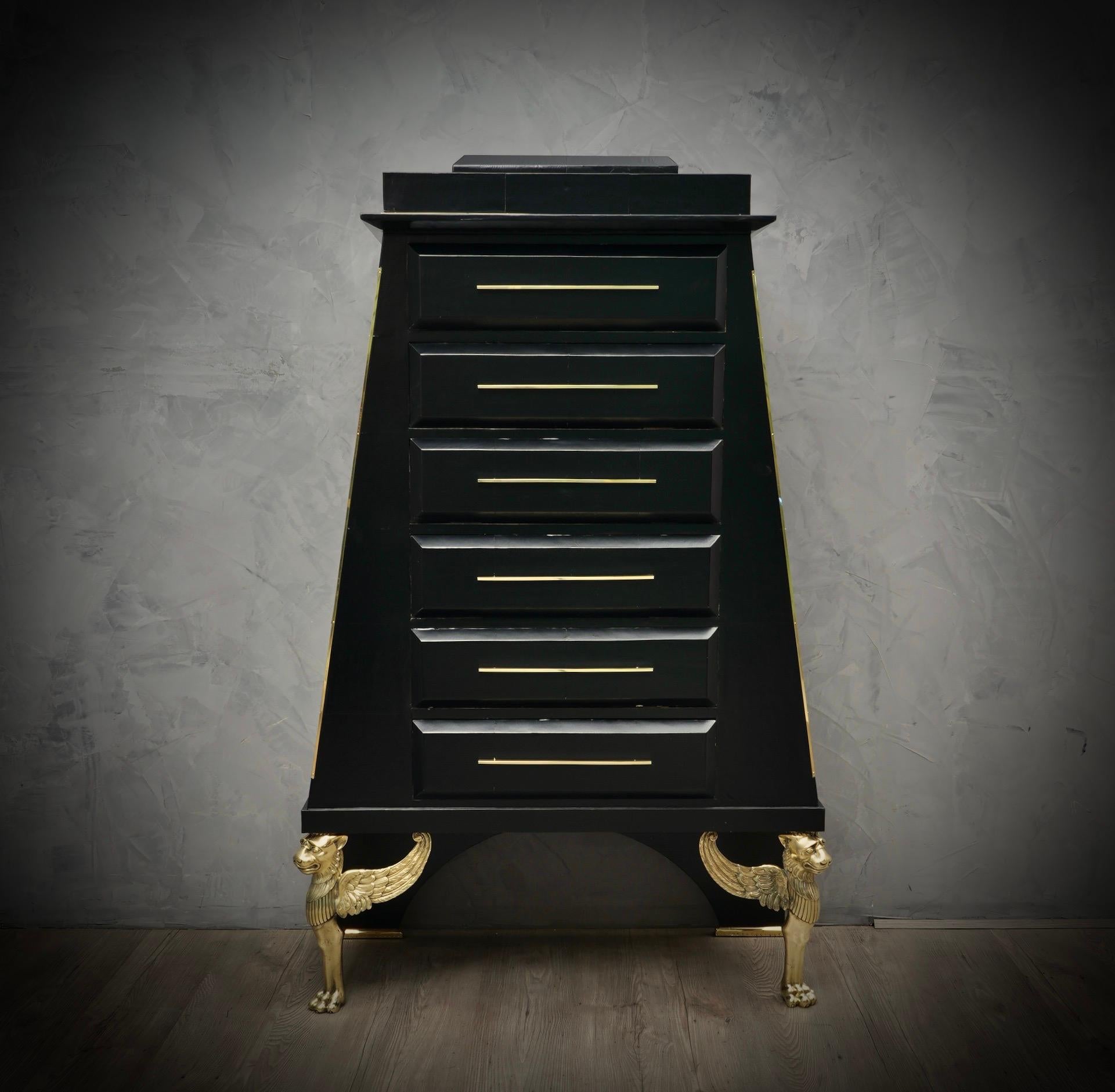 Mid-Century Modern Midcentury Brass and Black Goatskin Commode and Chests of Drawers, 1950 For Sale