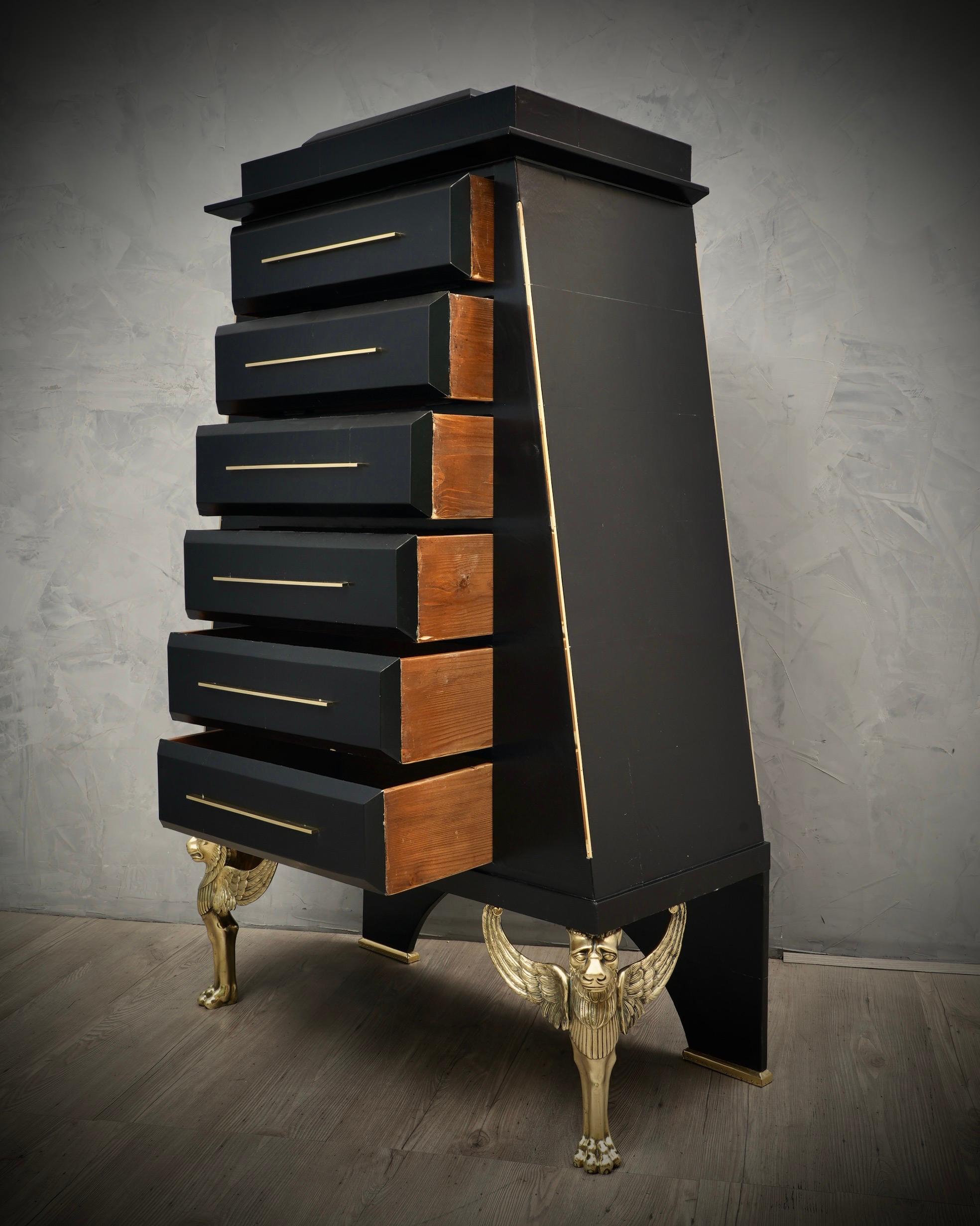 Italian Midcentury Brass and Black Goatskin Commode and Chests of Drawers, 1950 For Sale