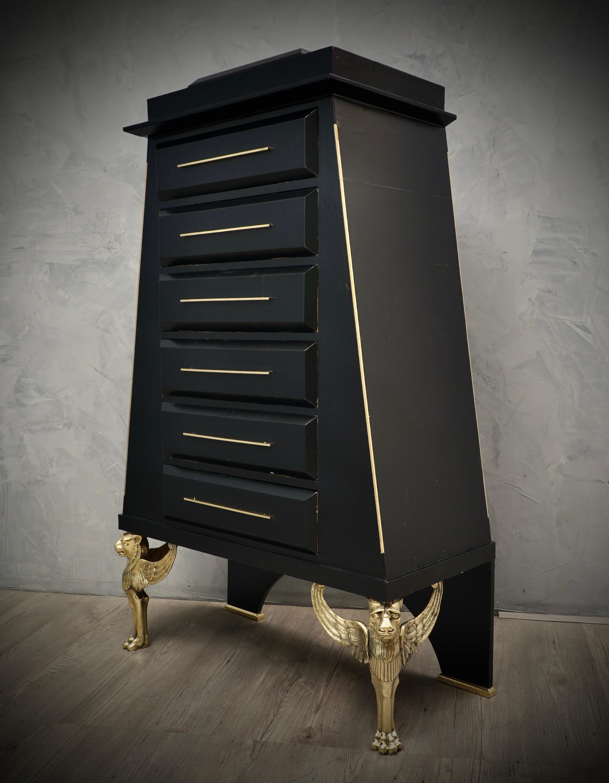 Mid-20th Century Midcentury Brass and Black Goatskin Commode and Chests of Drawers, 1950 For Sale