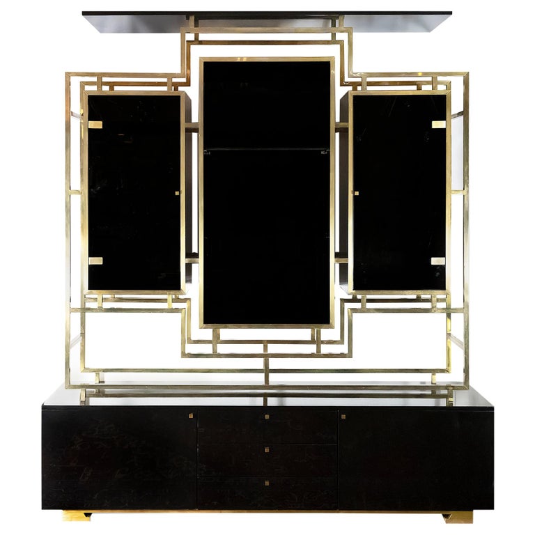Midcentury Brass and Black Lacquered Wood Étagère/Sideboard by Kim Moltzer For Sale