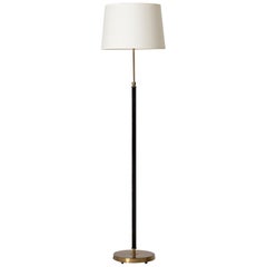 Midcentury Brass and Black Leather Floor Lamp by Falkenbergs Belysning