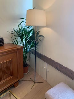 Midcentury Brass and Black Leather Floor Lamp