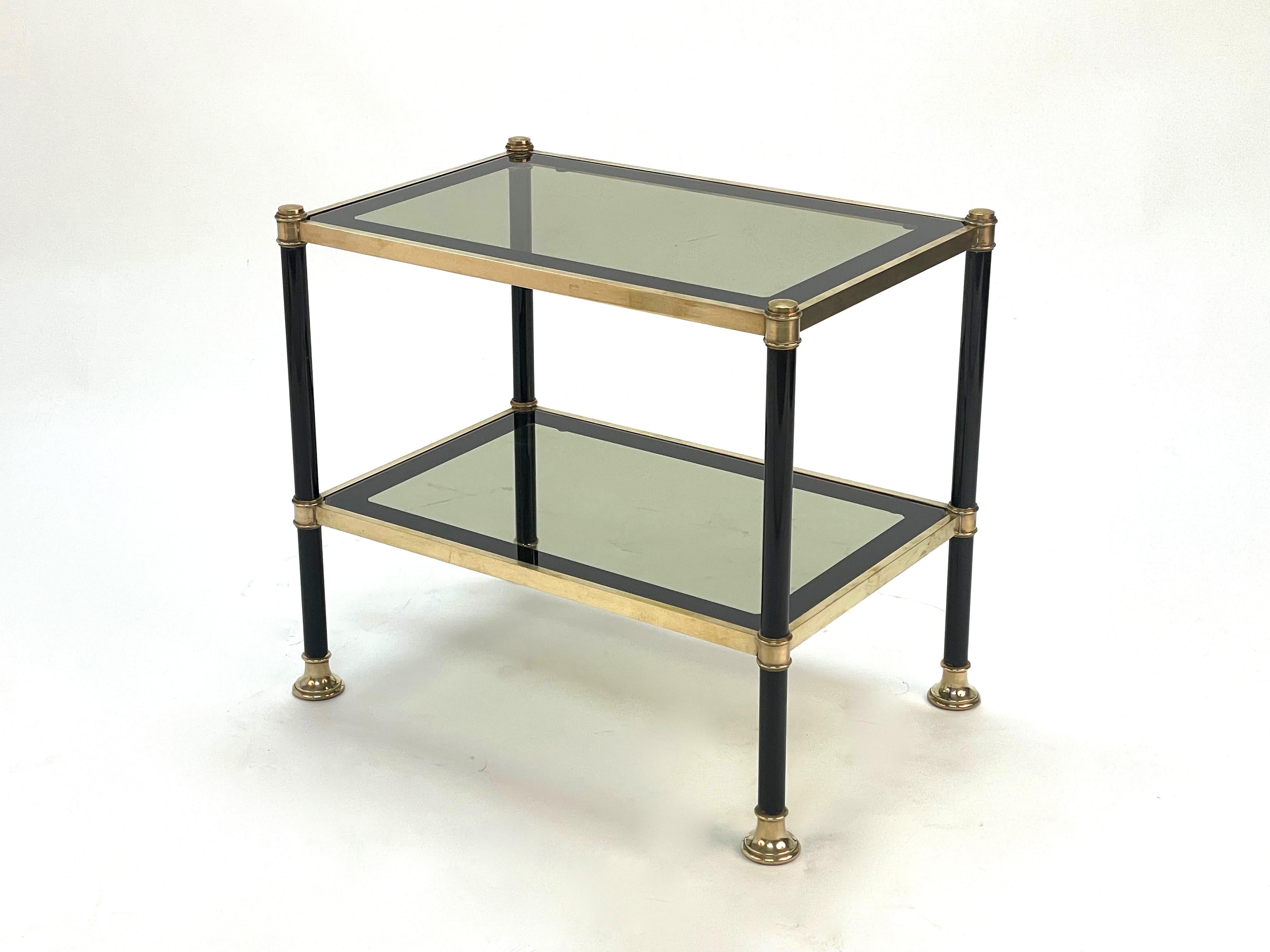 Midcentury Brass and Black Metal Rectangular Coffee Table with Smoked Glass 1970 In Good Condition For Sale In Roma, IT