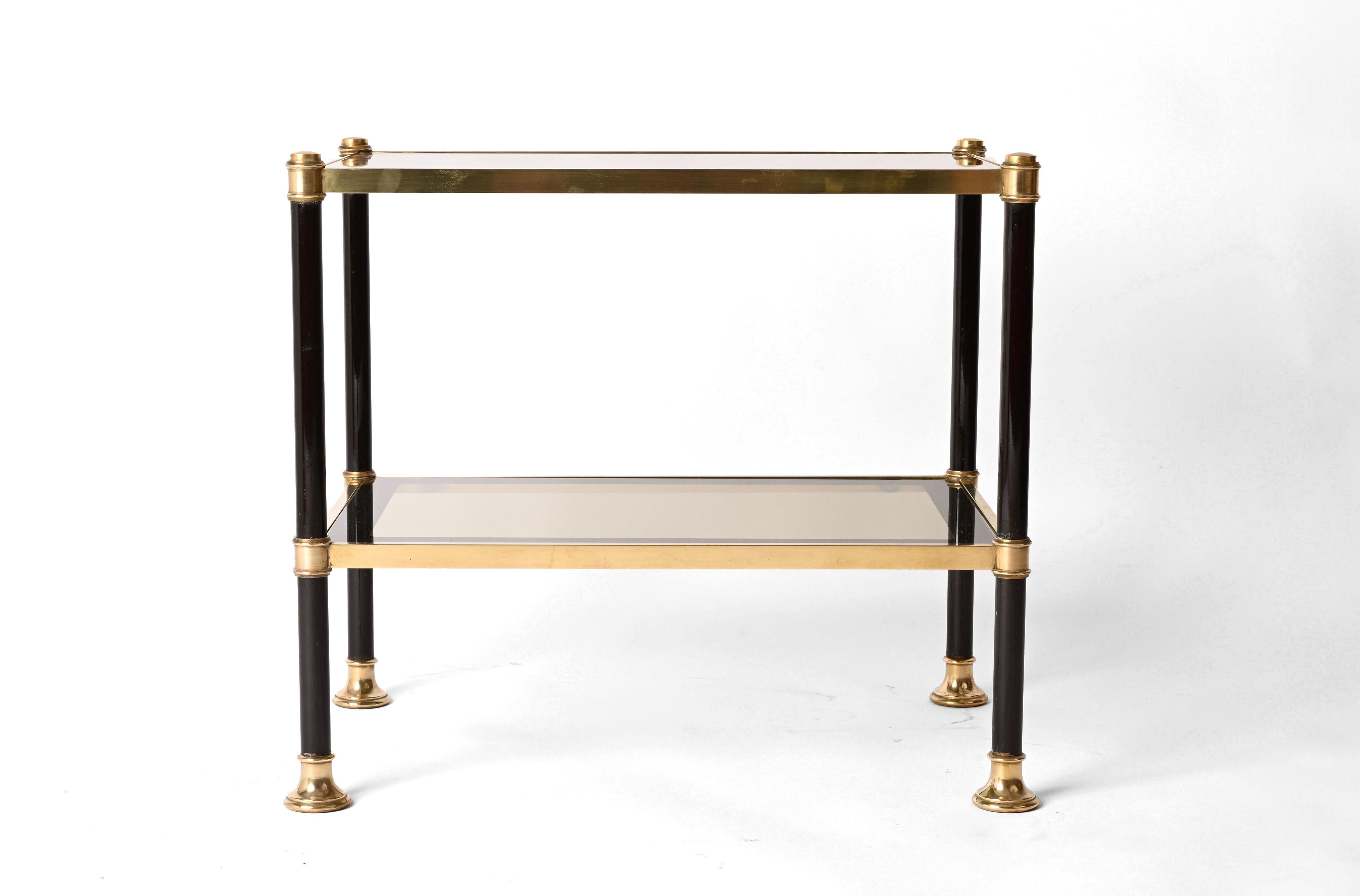 Late 20th Century Midcentury Brass and Black Metal Rectangular Coffee Table with Smoked Glass 1970 For Sale