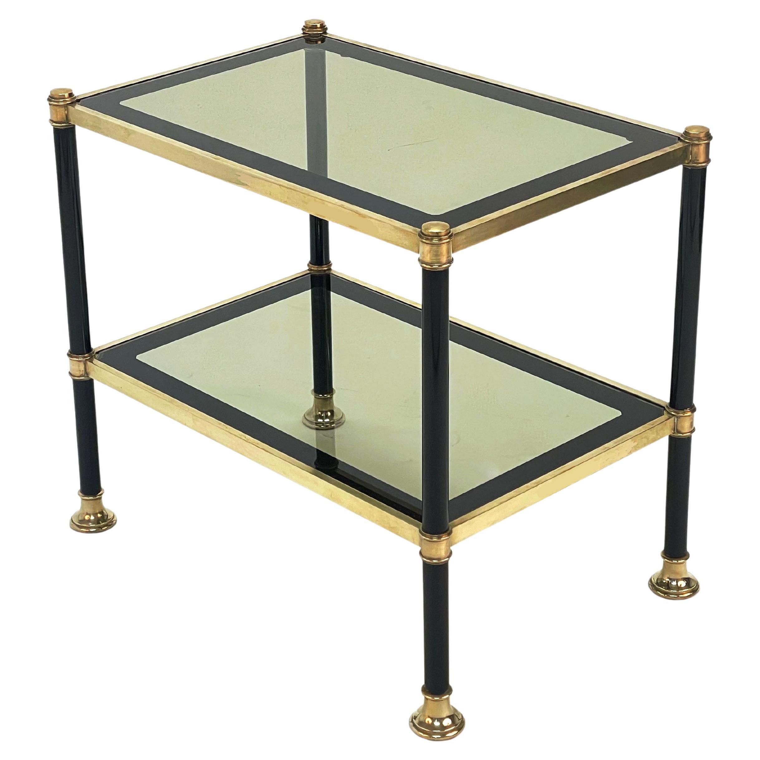 Midcentury Brass and Black Metal Rectangular Coffee Table with Smoked Glass 1970