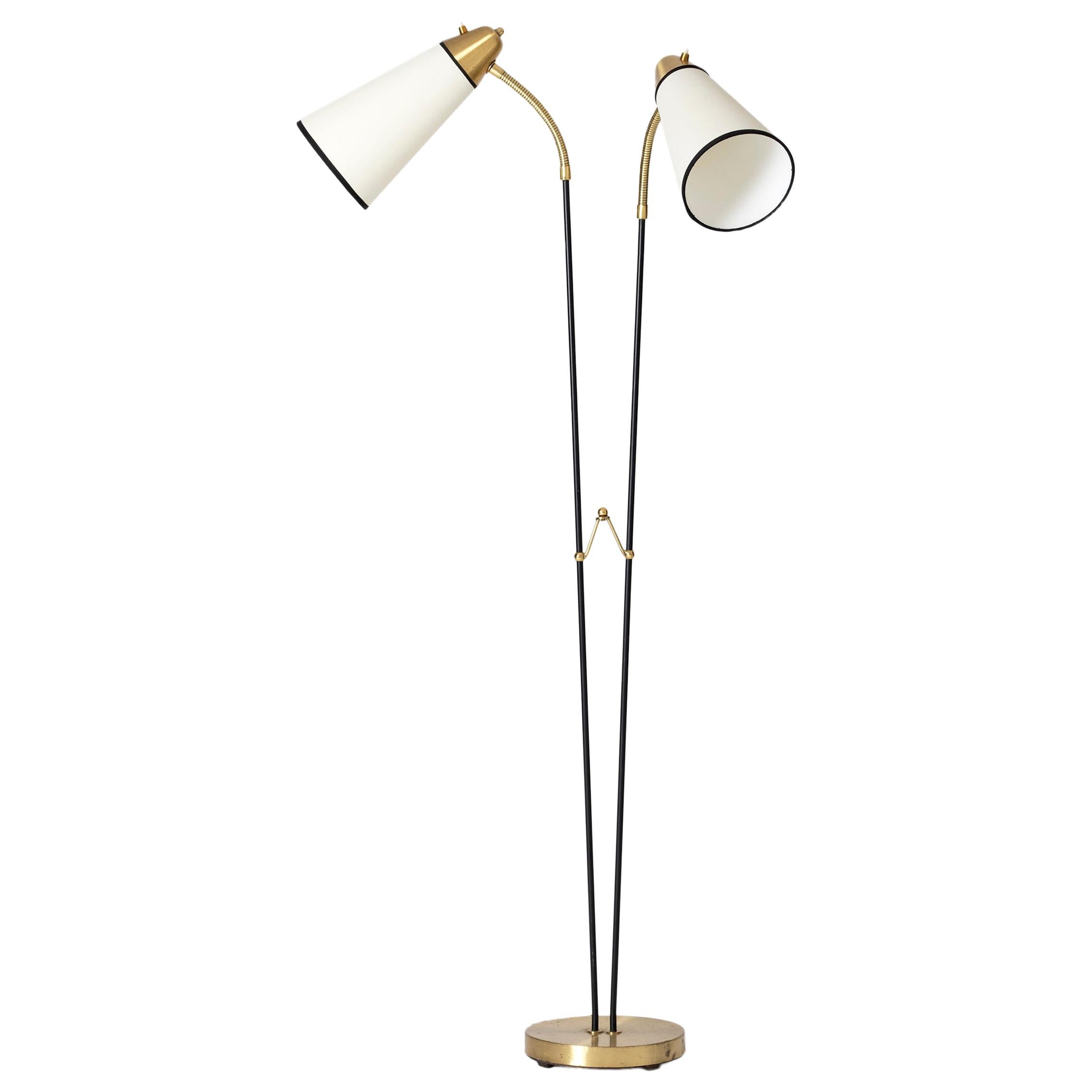 Midcentury Brass and Black Two-Arm Floor Lamp