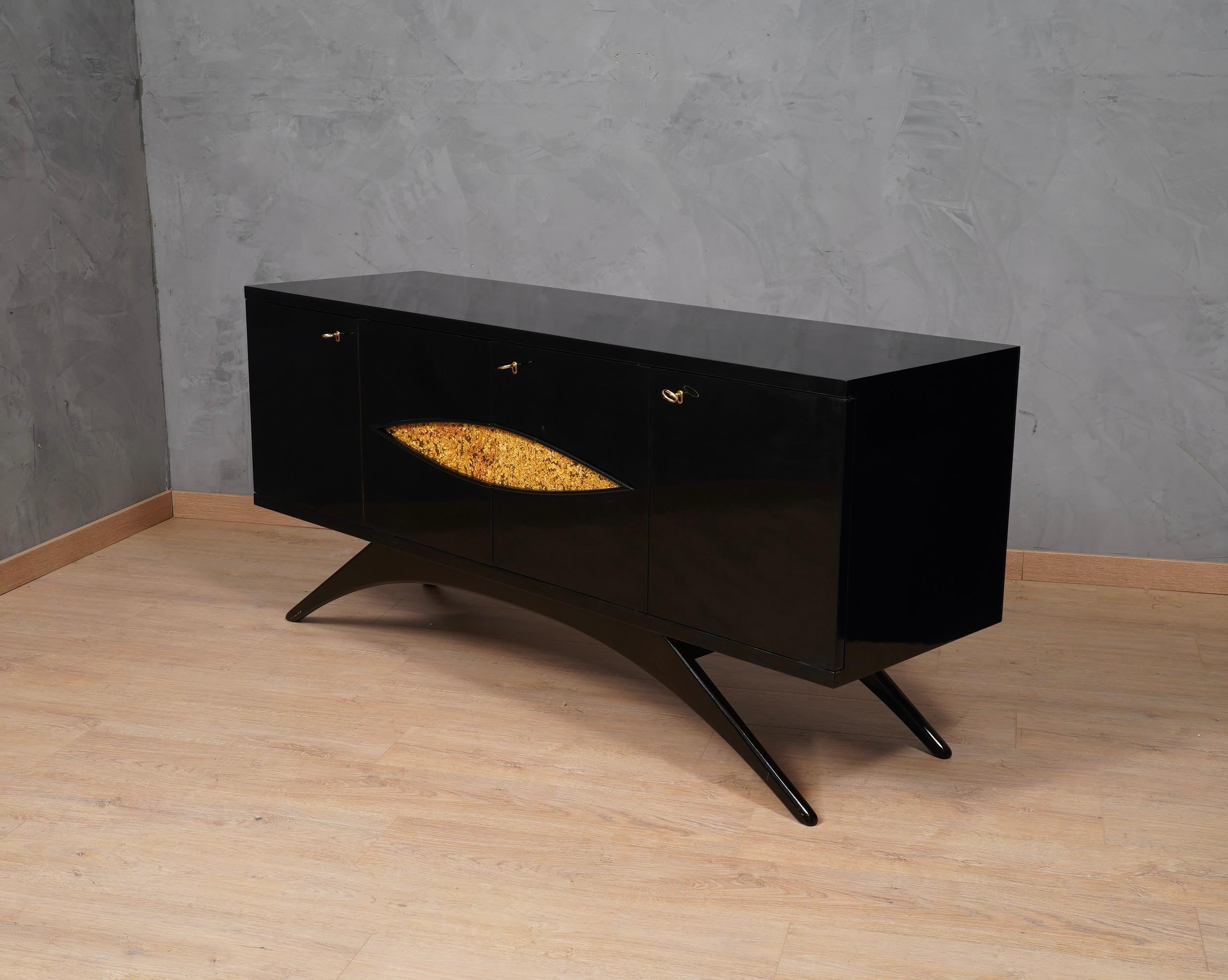 Mid-20th Century Midcentury Brass and Black Wood Italian Sideboard, 1950 For Sale