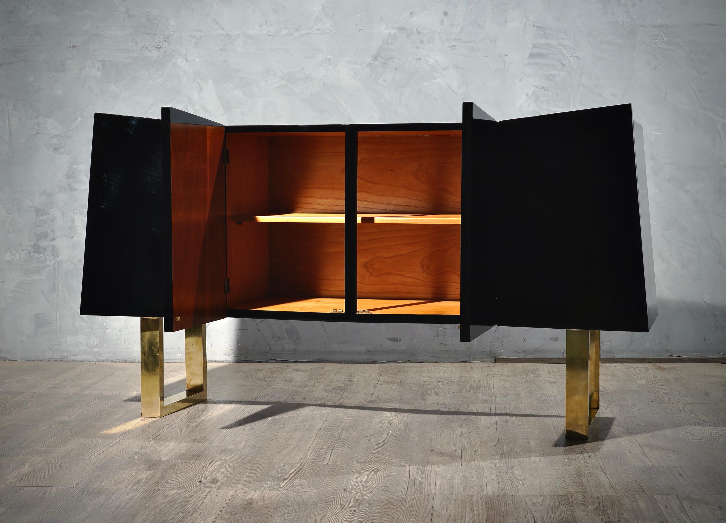 Late 20th Century Midcentury Brass and Black Wood Italian Sideboard, 1970