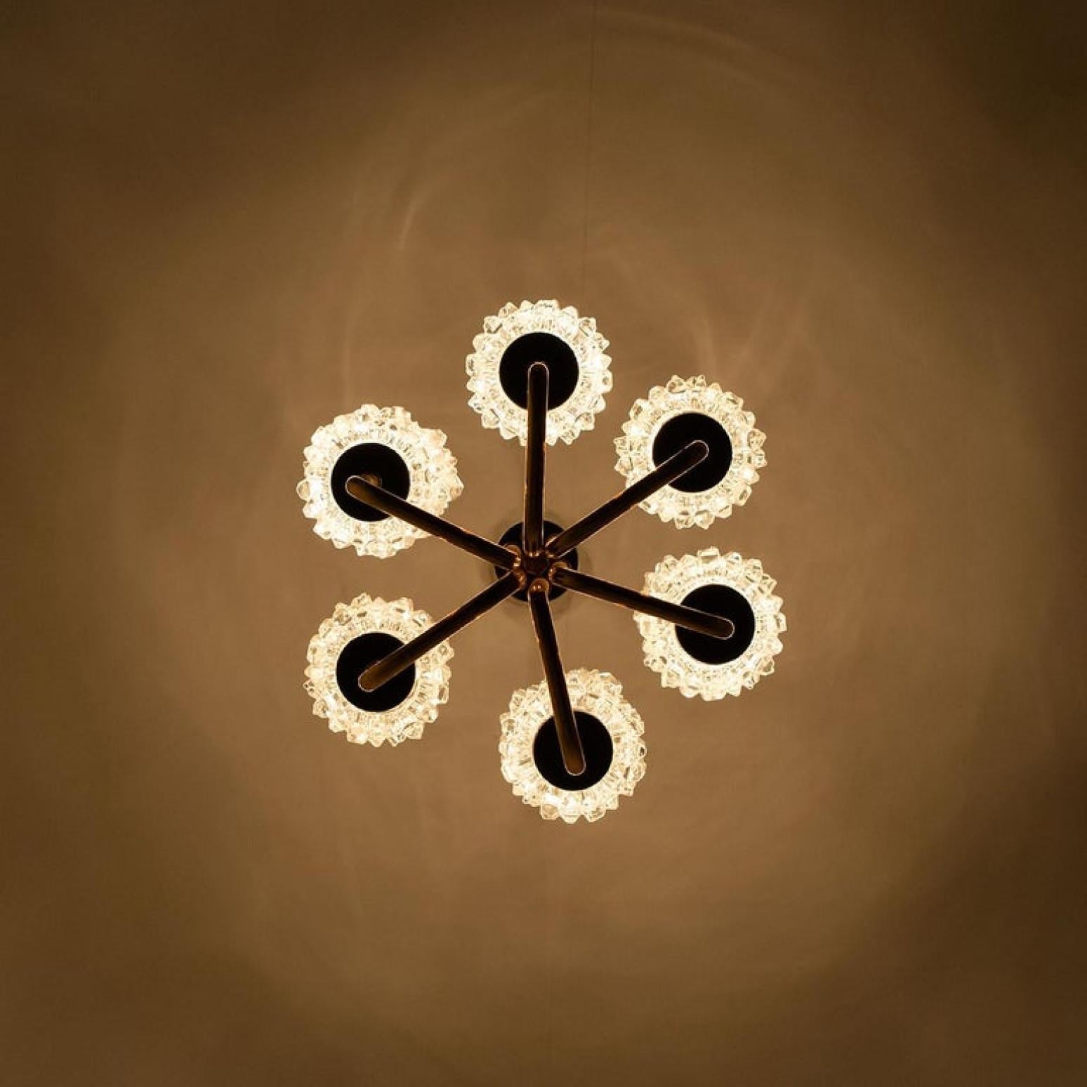 Mid-Century Modern Midcentury Brass and Blown Glass Chandelier by Hillebrand, 1960s For Sale