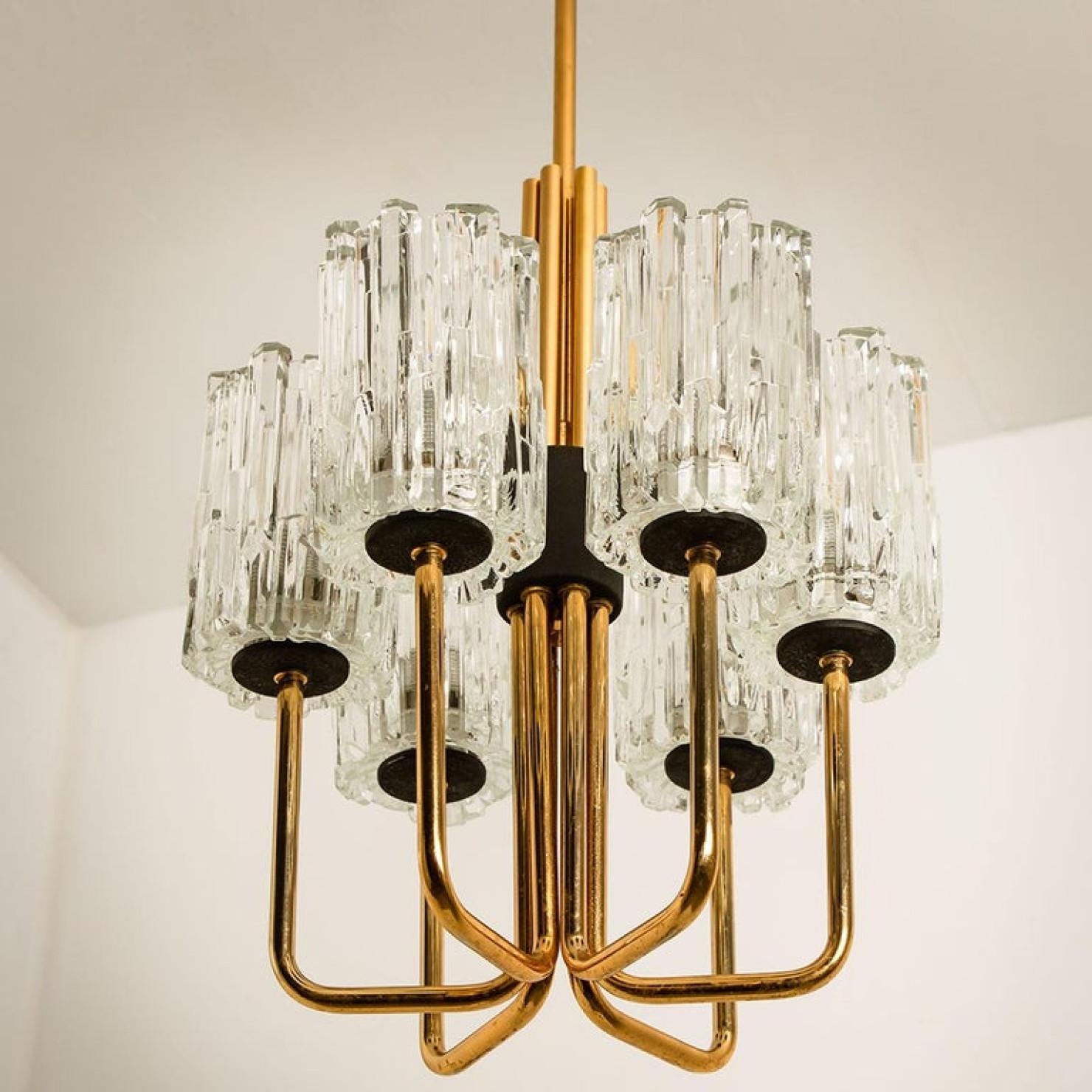 20th Century Midcentury Brass and Blown Glass Chandelier by Hillebrand, 1960s For Sale