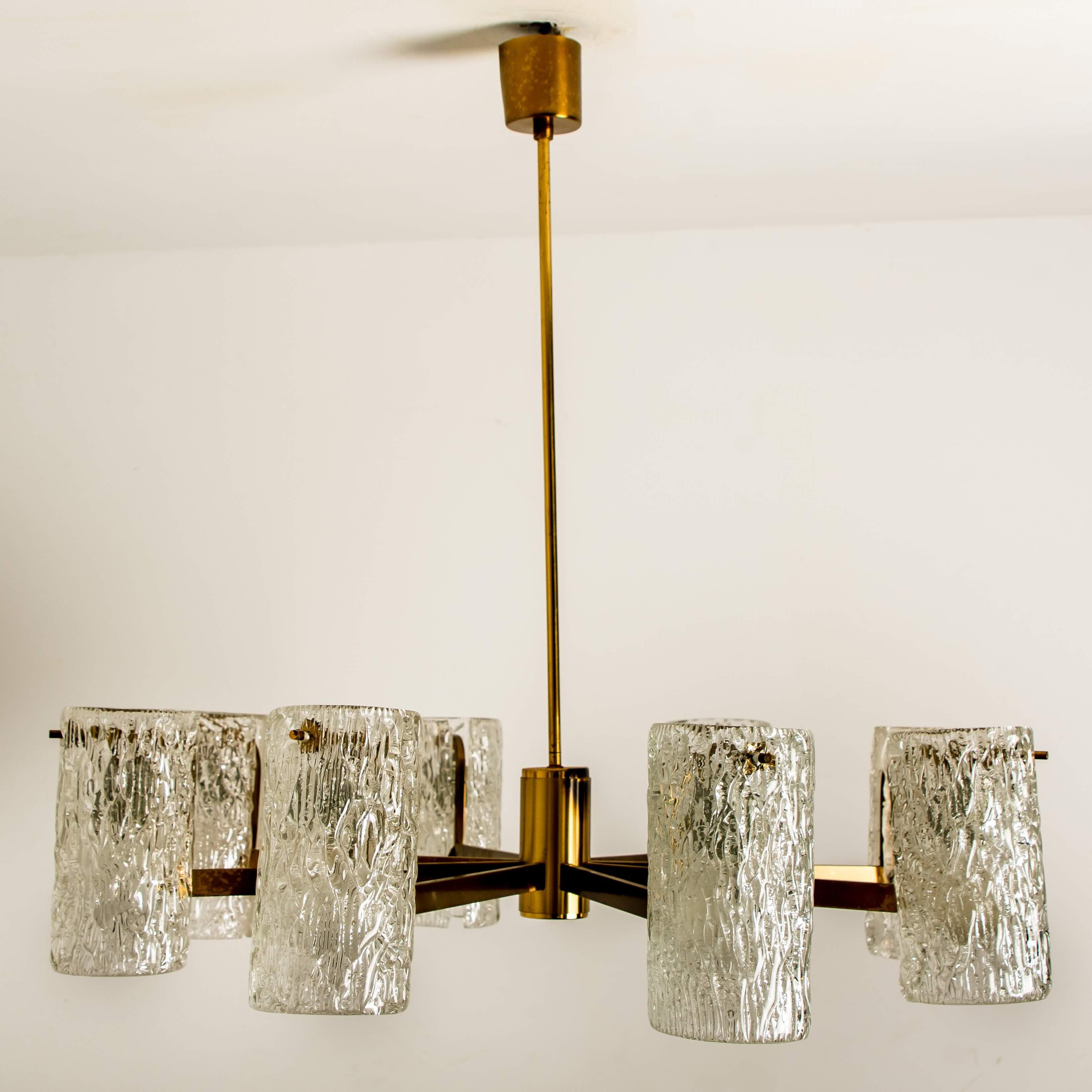 Midcentury Brass and Blown Glass Chandelier by Hillebrand, 1960s 2