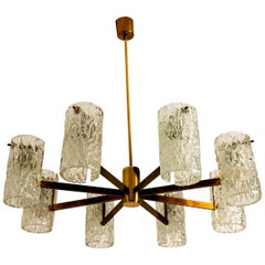 Midcentury Brass and Blown Glass Chandelier by Hillebrand, 1960s