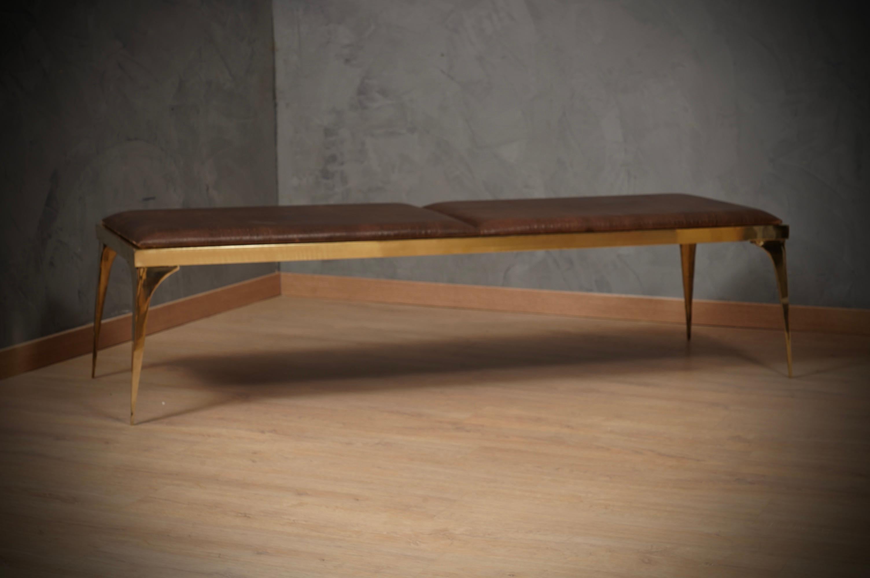 Late 20th Century MidCentury Brass and Brown Leather Italian Benches, 1970