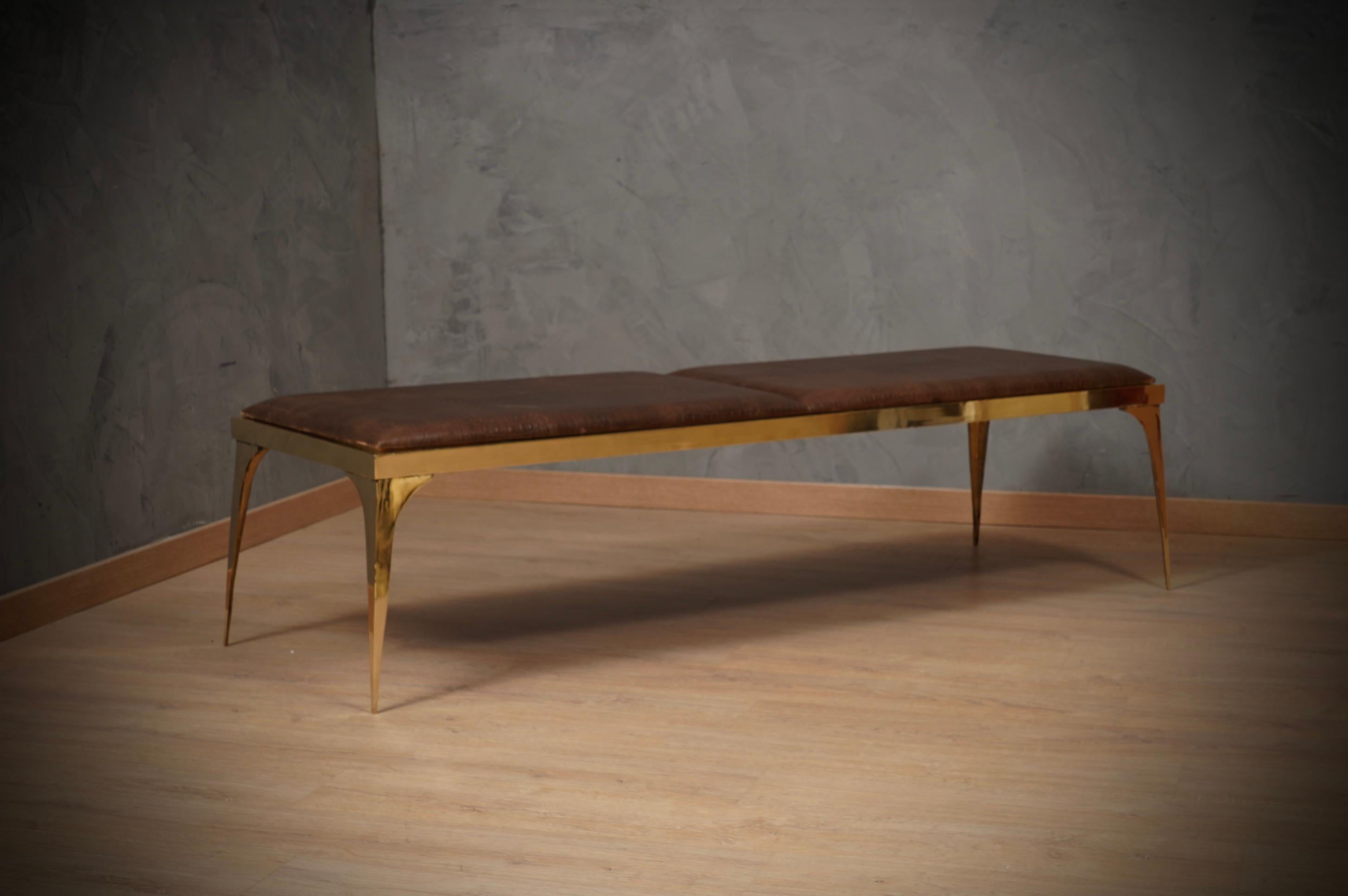 MidCentury Brass and Brown Leather Italian Benches, 1970 2