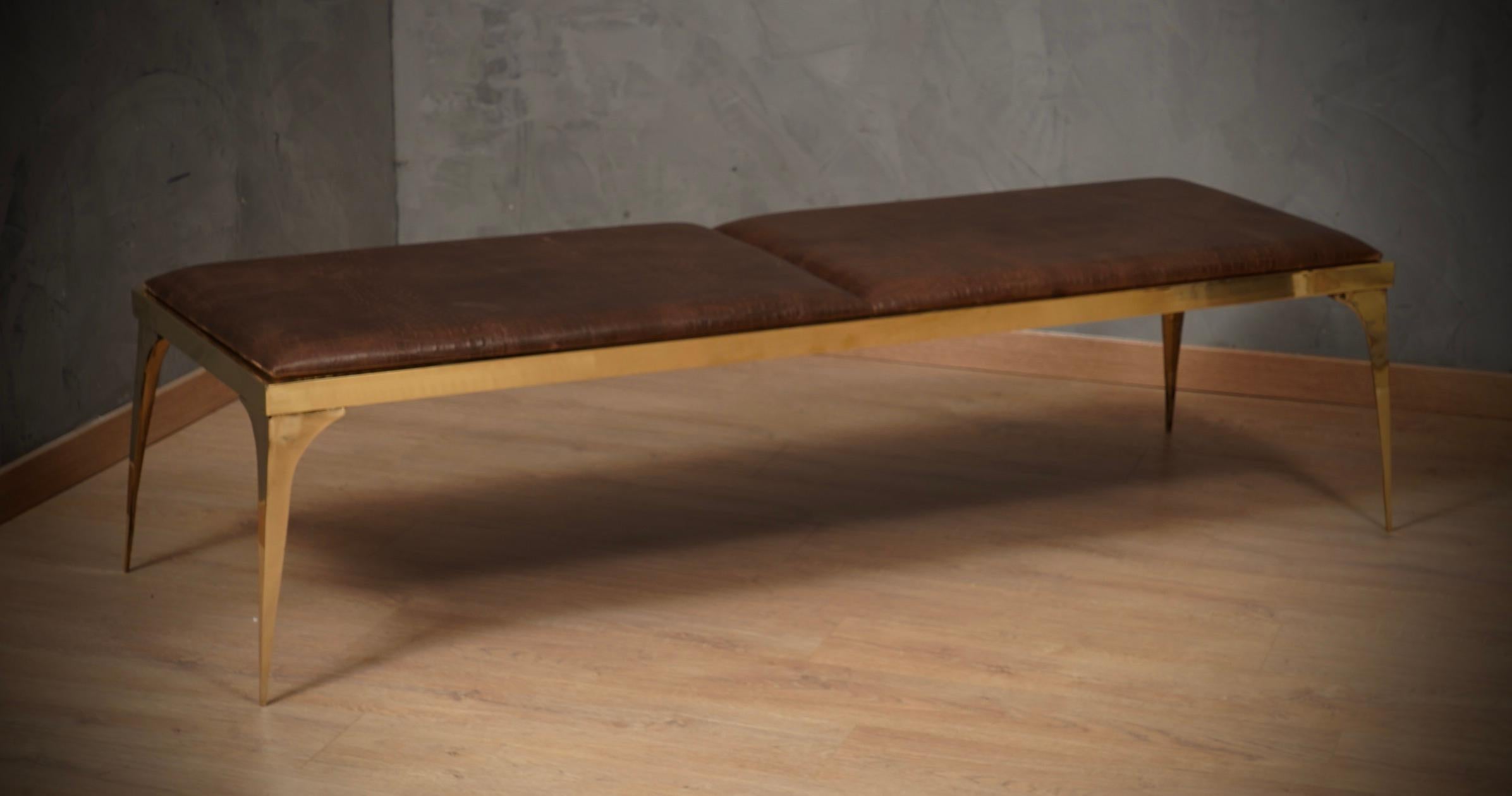 MidCentury Brass and Brown Leather Italian Benches, 1970 3