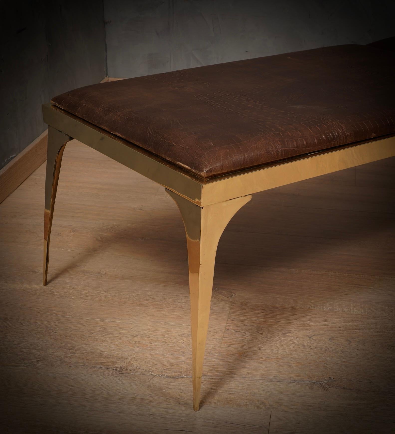 Mid-Century Modern MidCentury Brass and Brown Leather Italian Benches, 1970