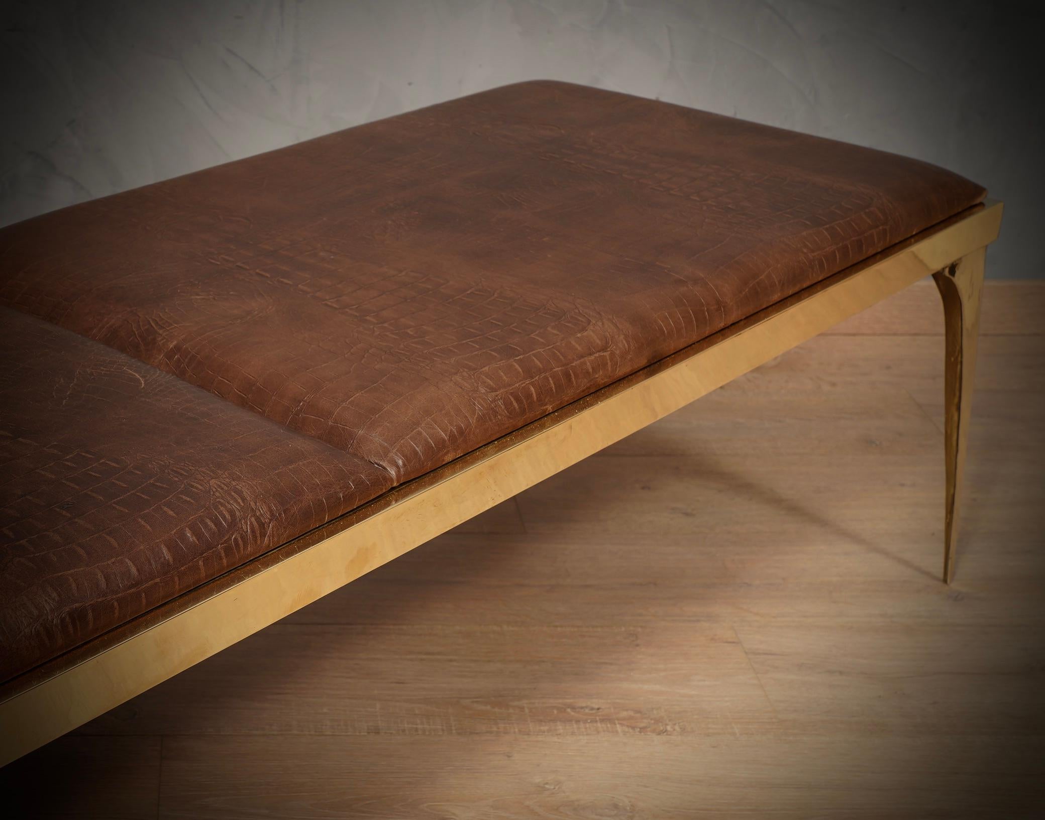 MidCentury Brass and Brown Leather Italian Benches, 1970 1