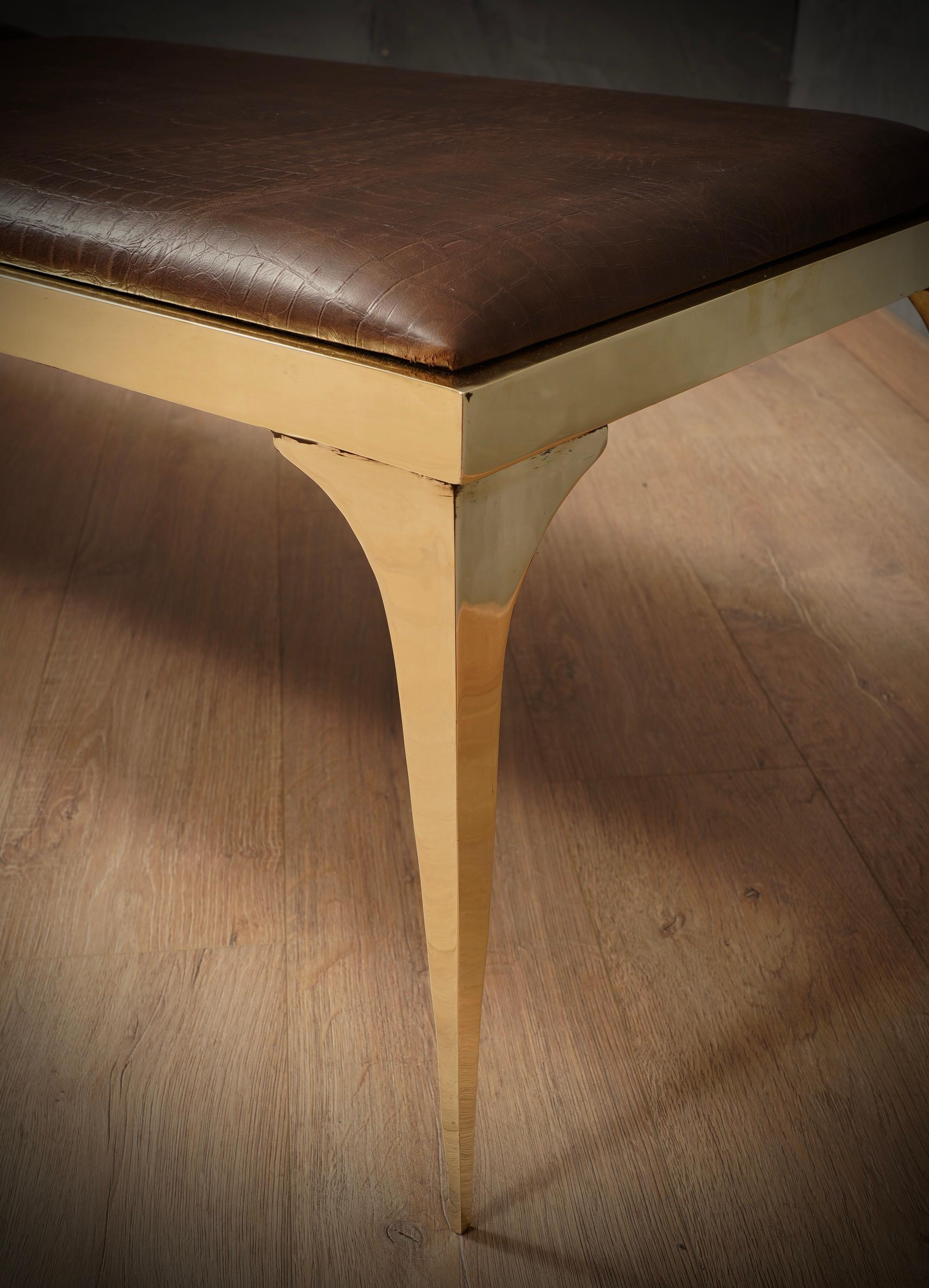 MidCentury Brass and Brown Leather Italian Benches, 1970 In Good Condition In Rome, IT