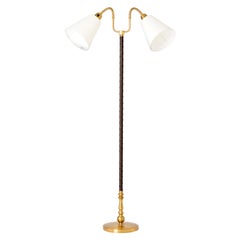 Midcentury Brass and Brown Leather Two-Armed Floor Lamp