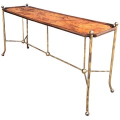 Midcentury Brass and Burlwood Console Table