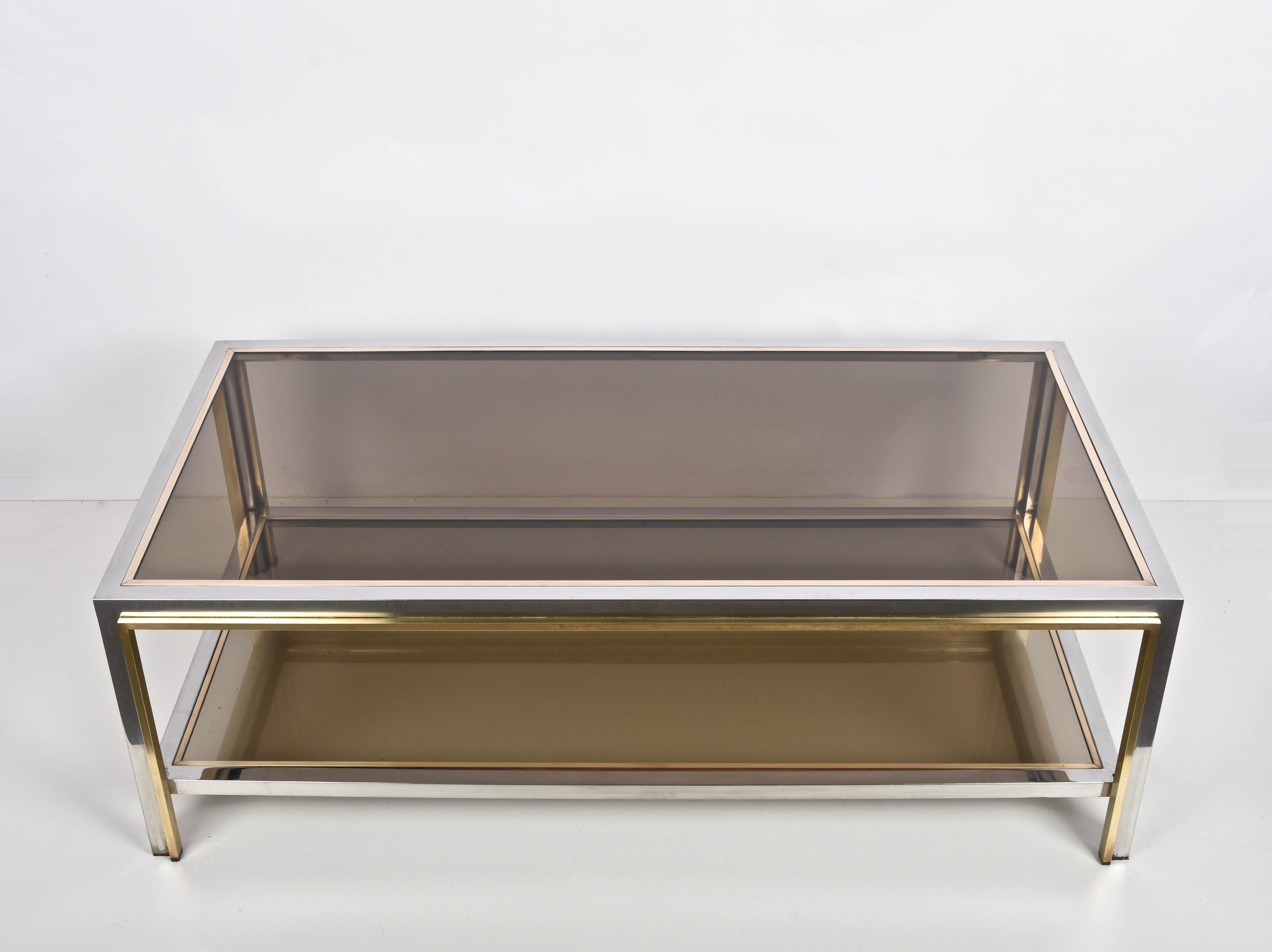 Late 20th Century Midcentury Brass and Chrome and Glass Italian Coffee Table after Romeo Rega 1970