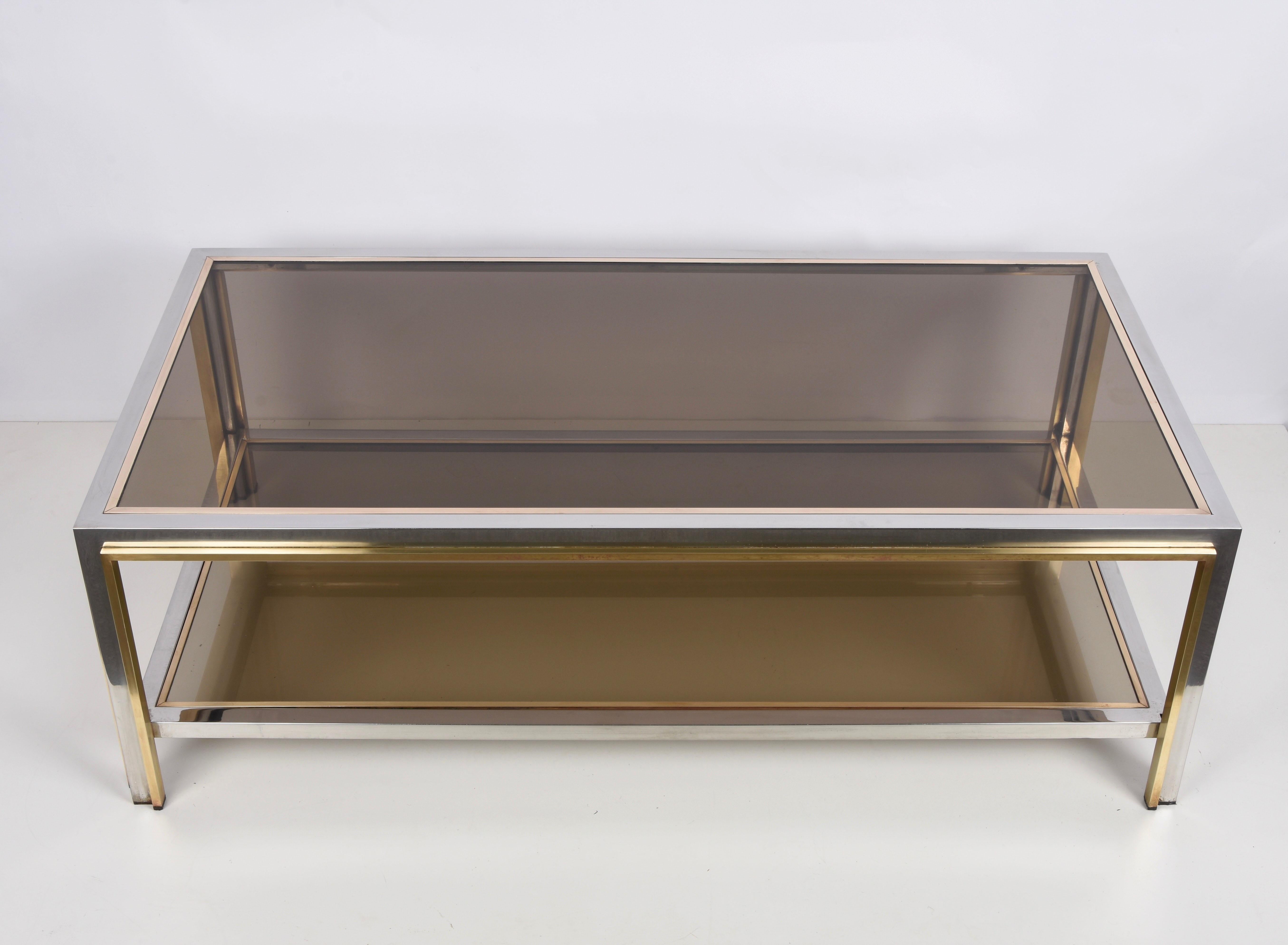 Midcentury Brass and Chrome and Glass Italian Coffee Table after Romeo Rega 1970 1