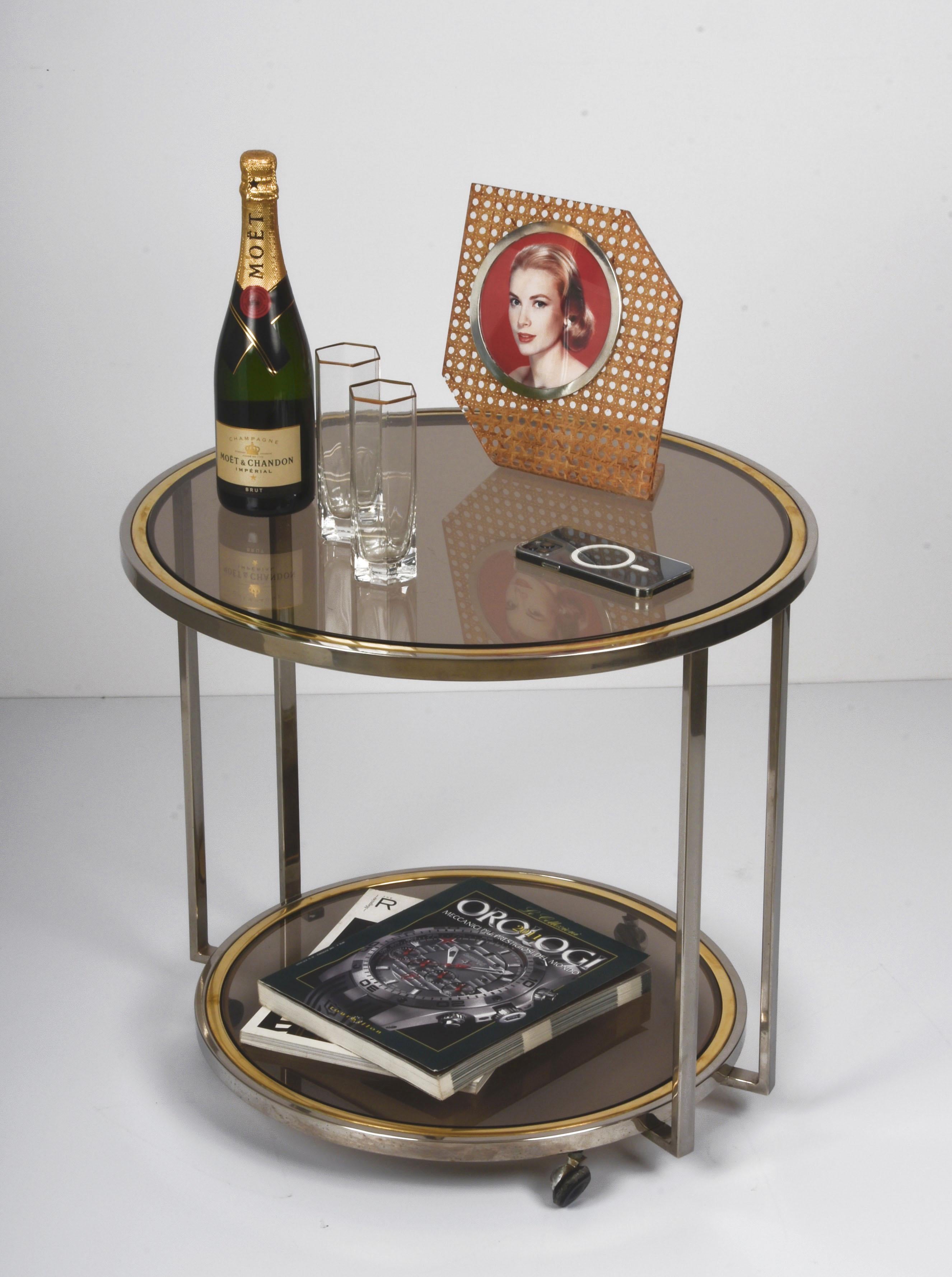 Midcentury Brass and Chrome and Glass Italian Coffee Table after Romeo Rega 1970 For Sale 1