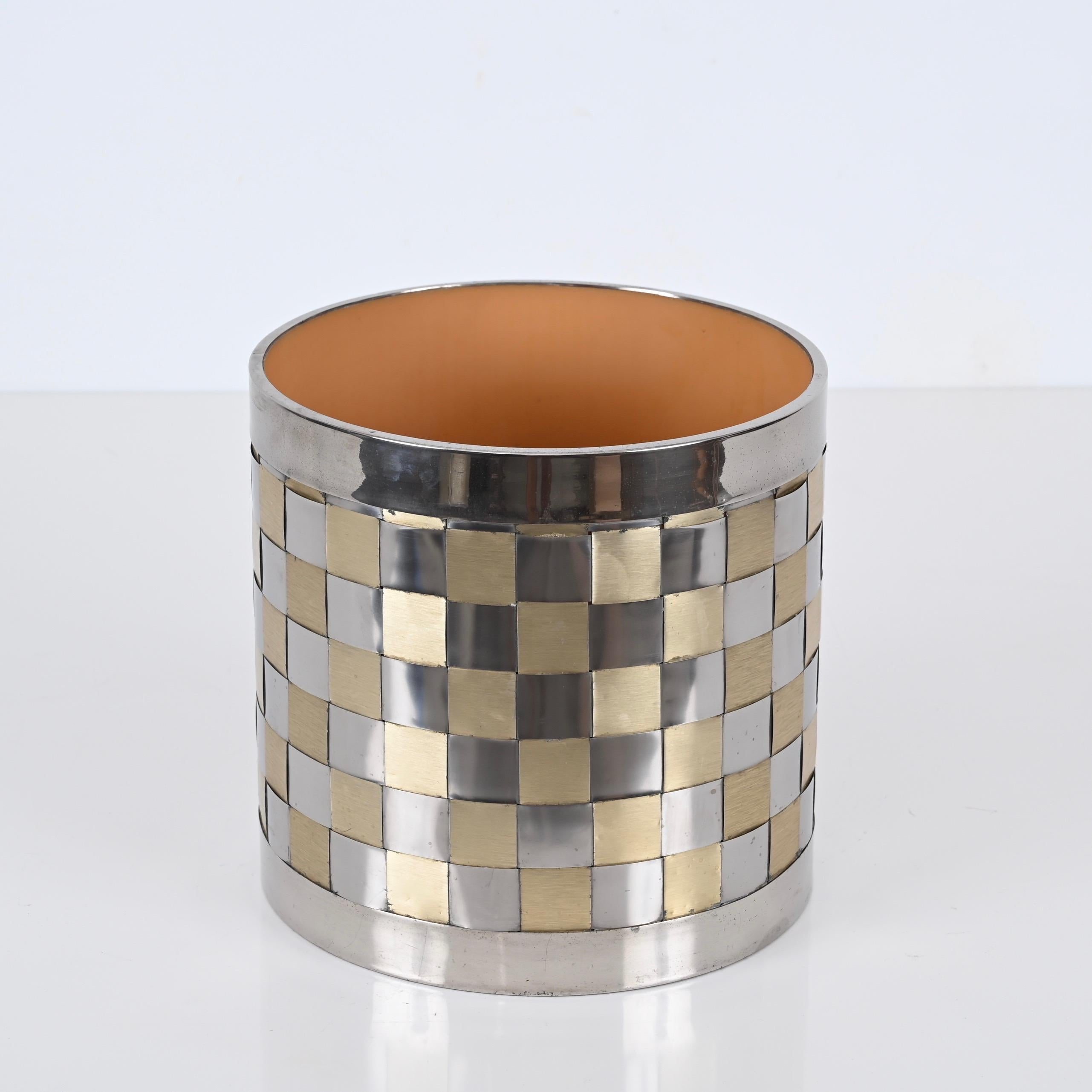 Fait main Cache-pot italien en laiton et chrome du milieu du siècle, Willy Rizzo, Italie, années 1970
