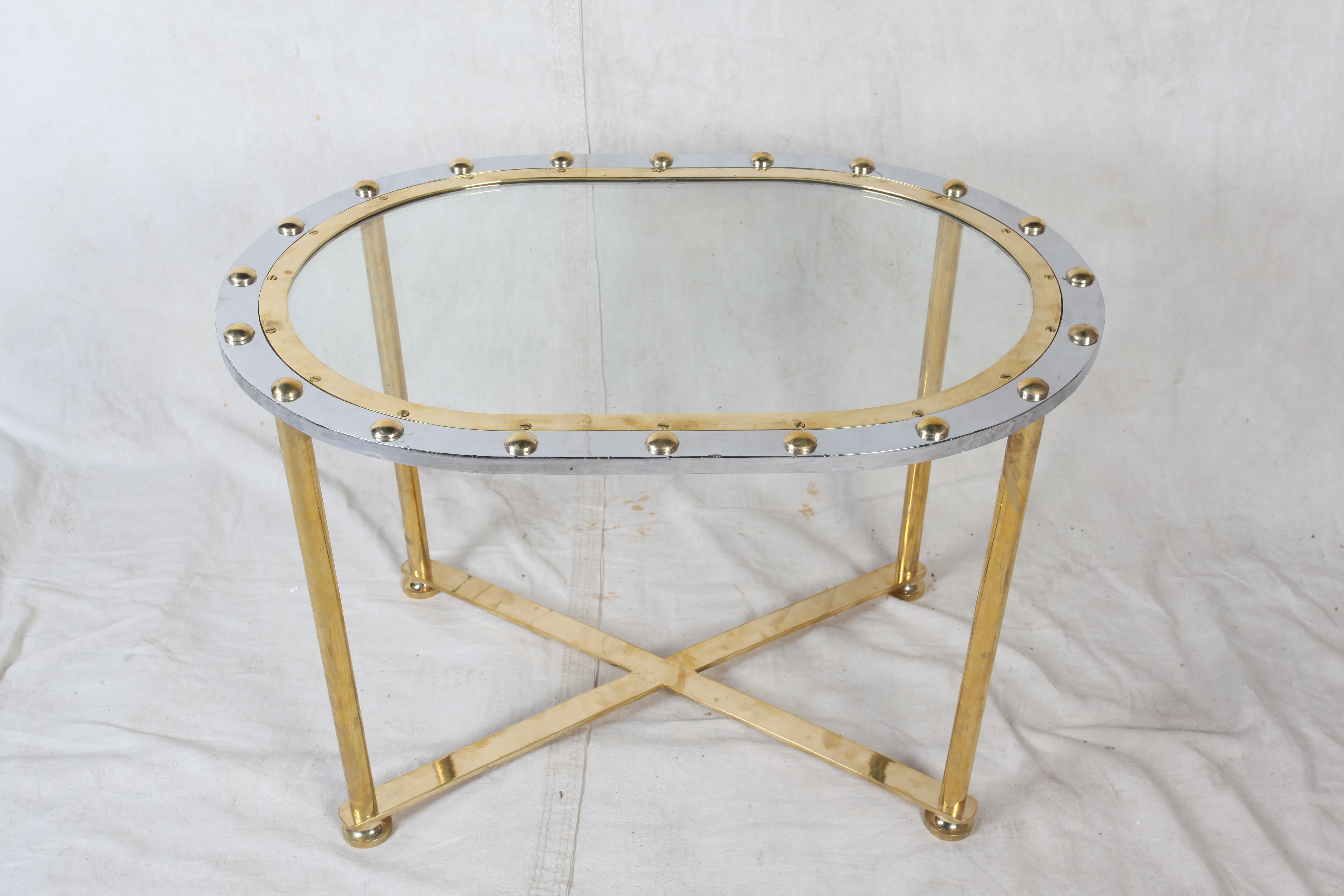 Industrial Midcentury Brass and Chrome Ship's Window Converted to Coffee Table