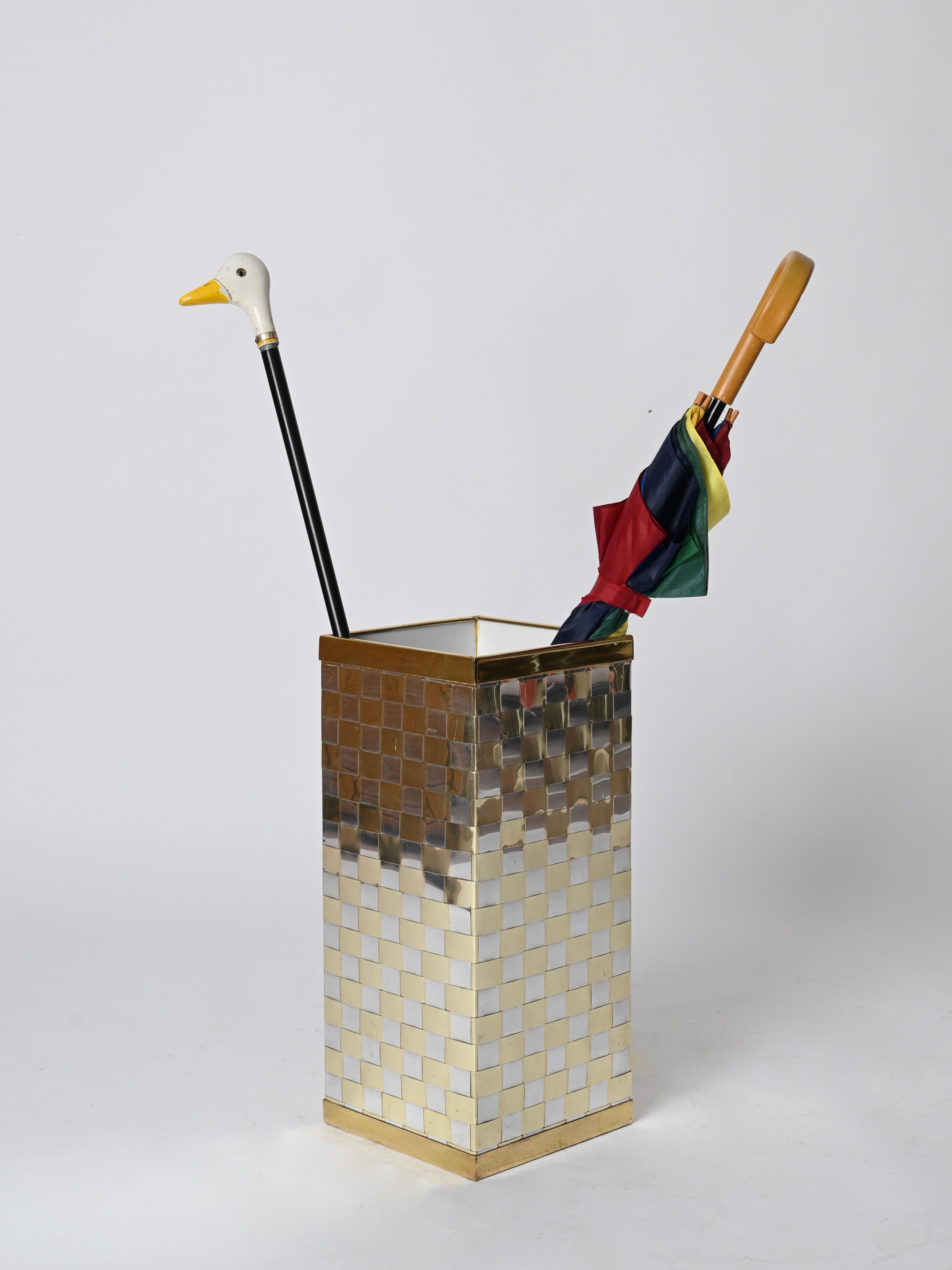 Italian Midcentury Brass and Chrome Umbrella Stand, Willy Rizzo, Italy, 1970s