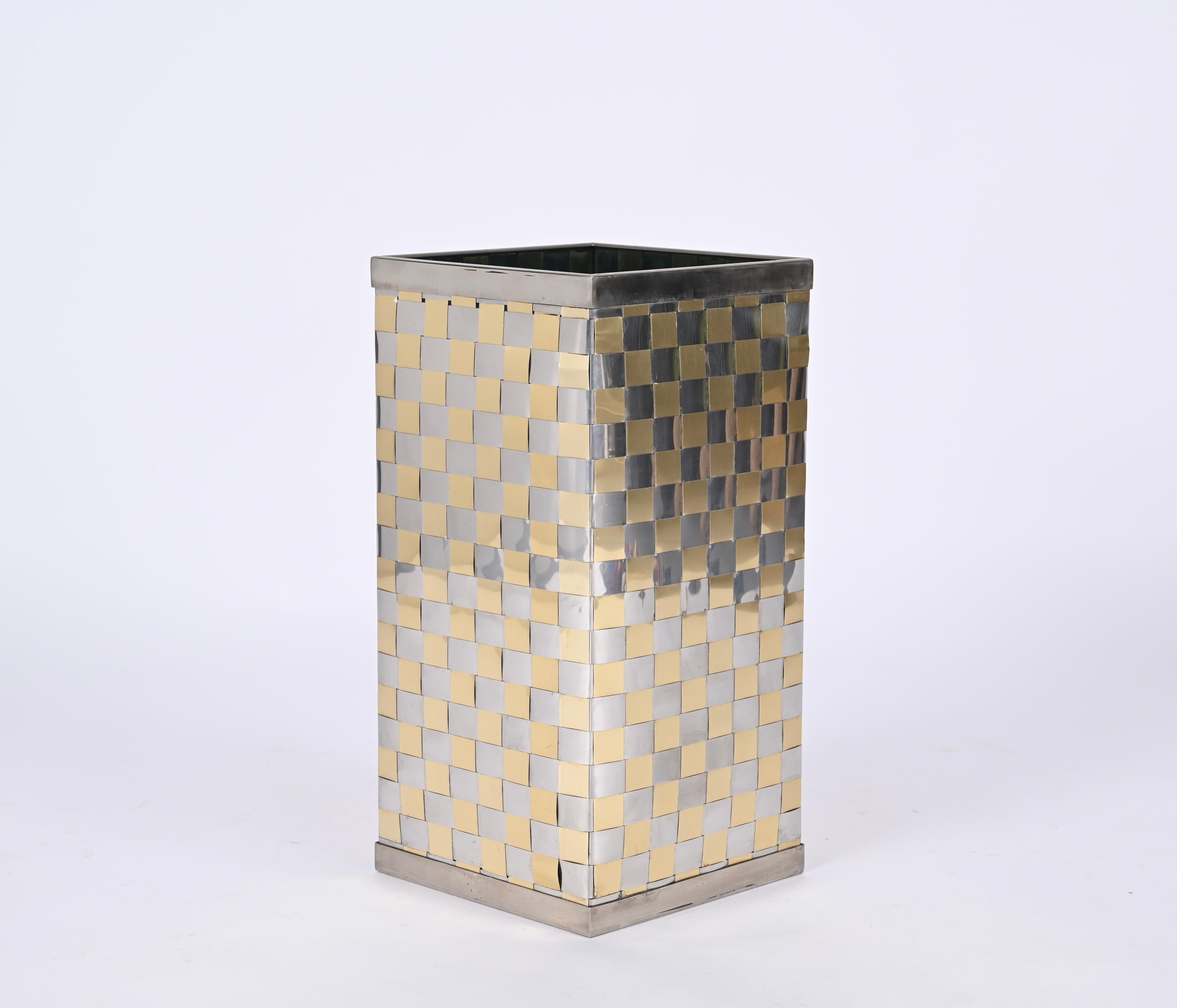 Midcentury Brass and Chrome Umbrella Stand, Willy Rizzo, Italy, 1970s 1
