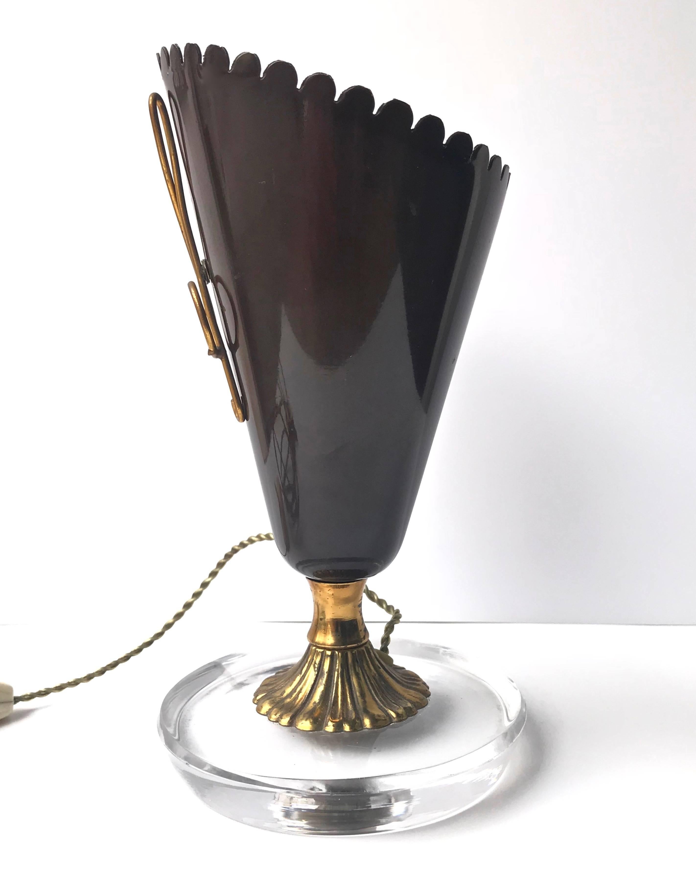 Midcentury Brass and Dark Brown Glass Italian Table Lamp Gio Ponti Style, 1950s 1