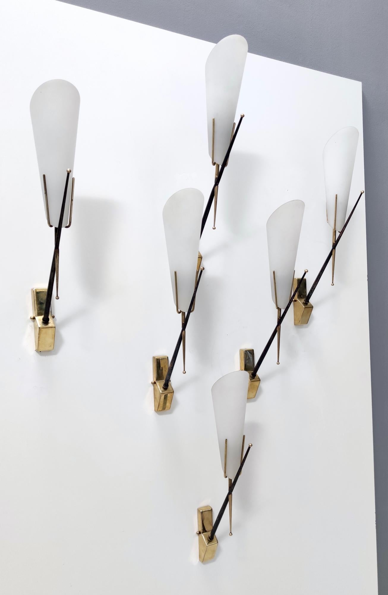 Mid-Century Modern Midcentury Brass and Etched Glass Sconces in the Style of Stilnovo, Italy