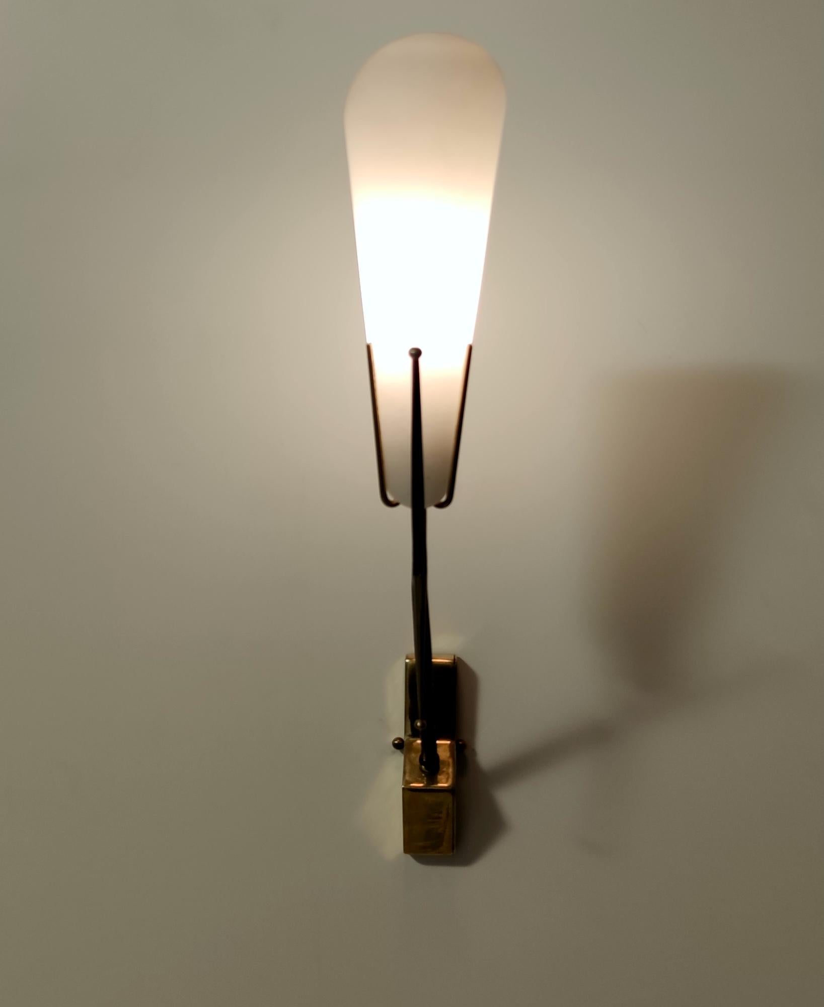 Mid-20th Century Midcentury Brass and Etched Glass Sconces in the Style of Stilnovo, Italy