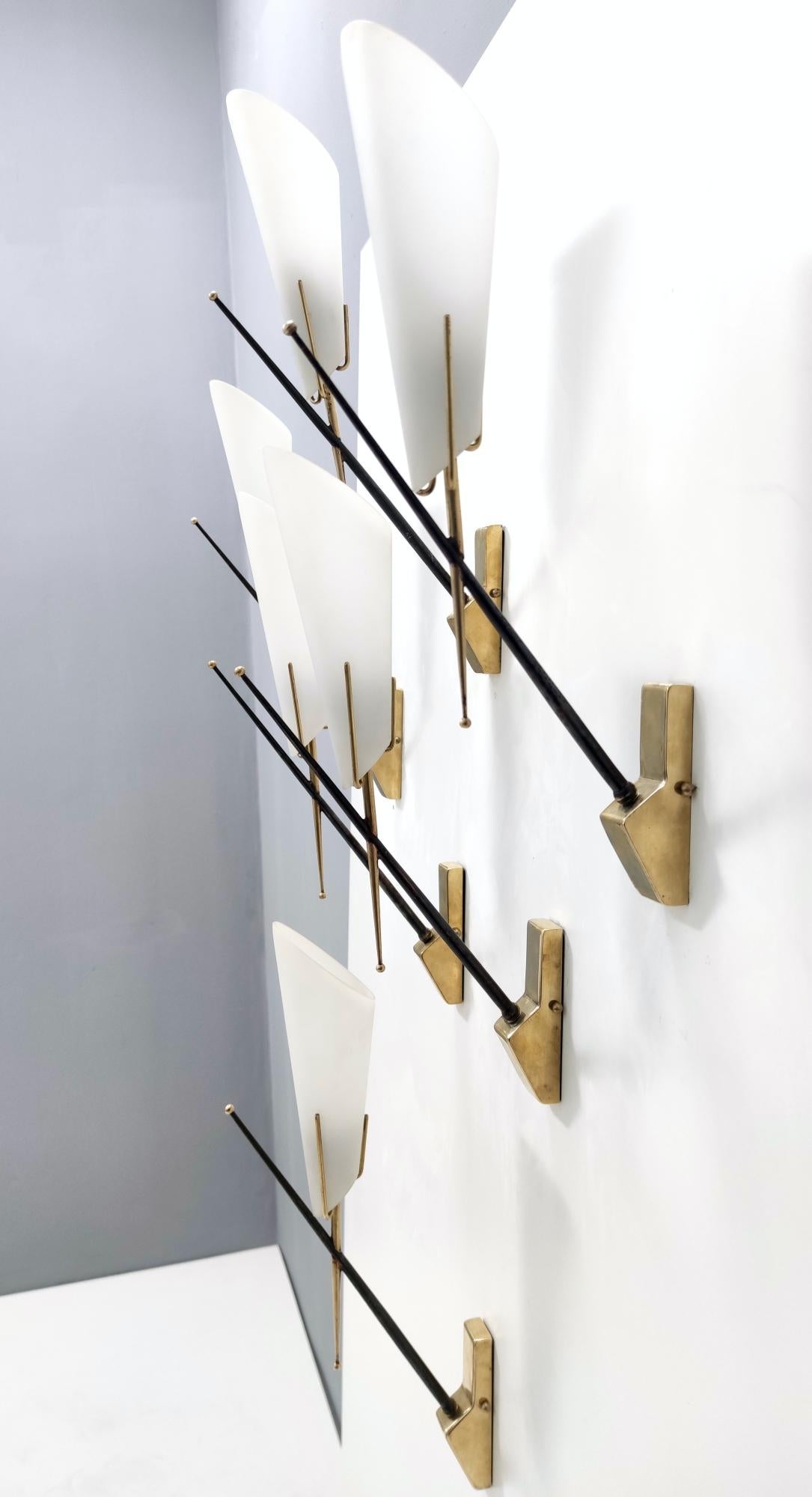 Midcentury Brass and Etched Glass Sconces in the Style of Stilnovo, Italy 3