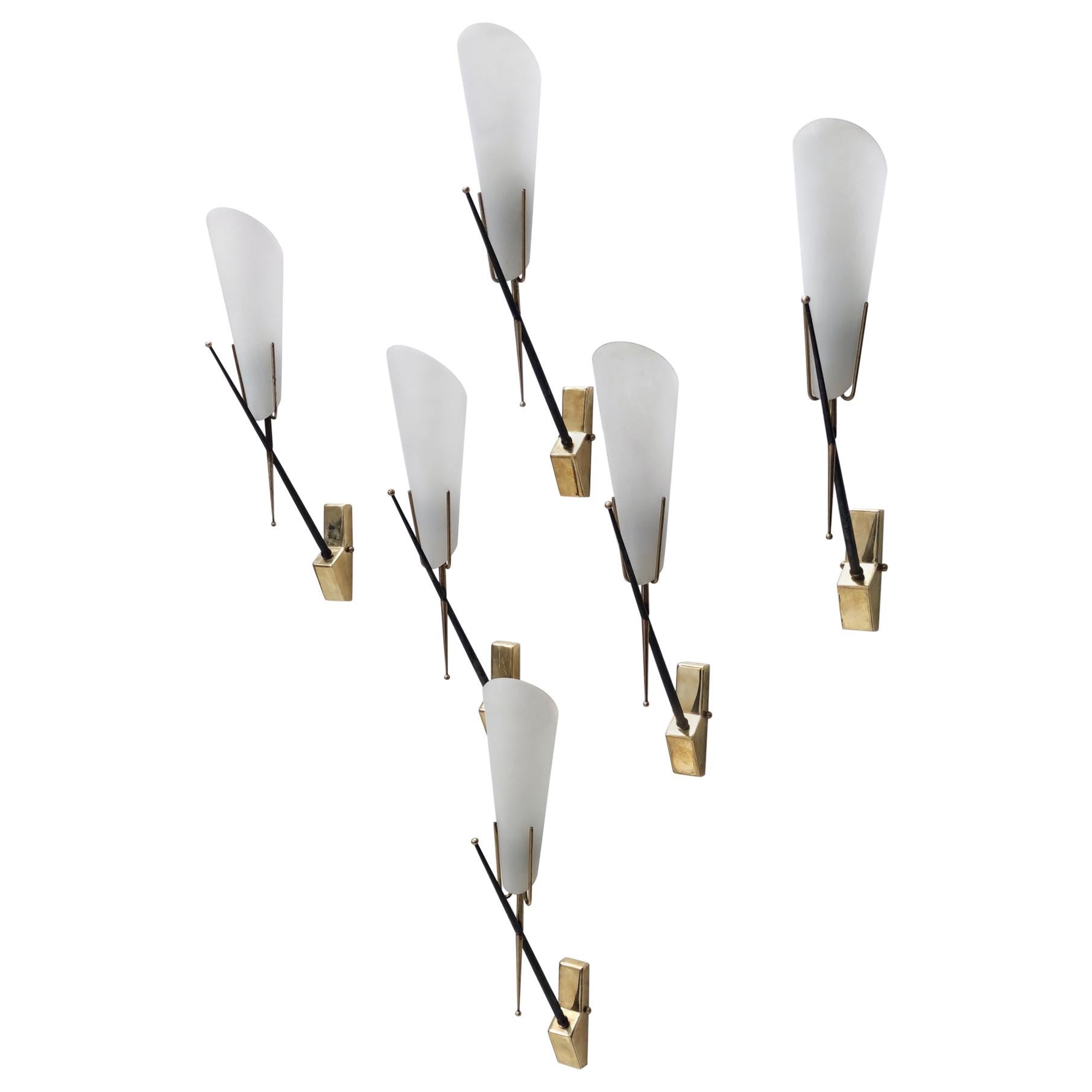 Midcentury Brass and Etched Glass Sconces in the Style of Stilnovo, Italy