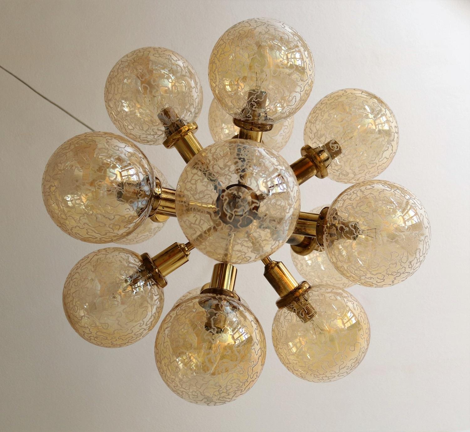 German Midcentury Brass and Glass Sputnik Chandelier by Kaiser Leuchten, 1970s