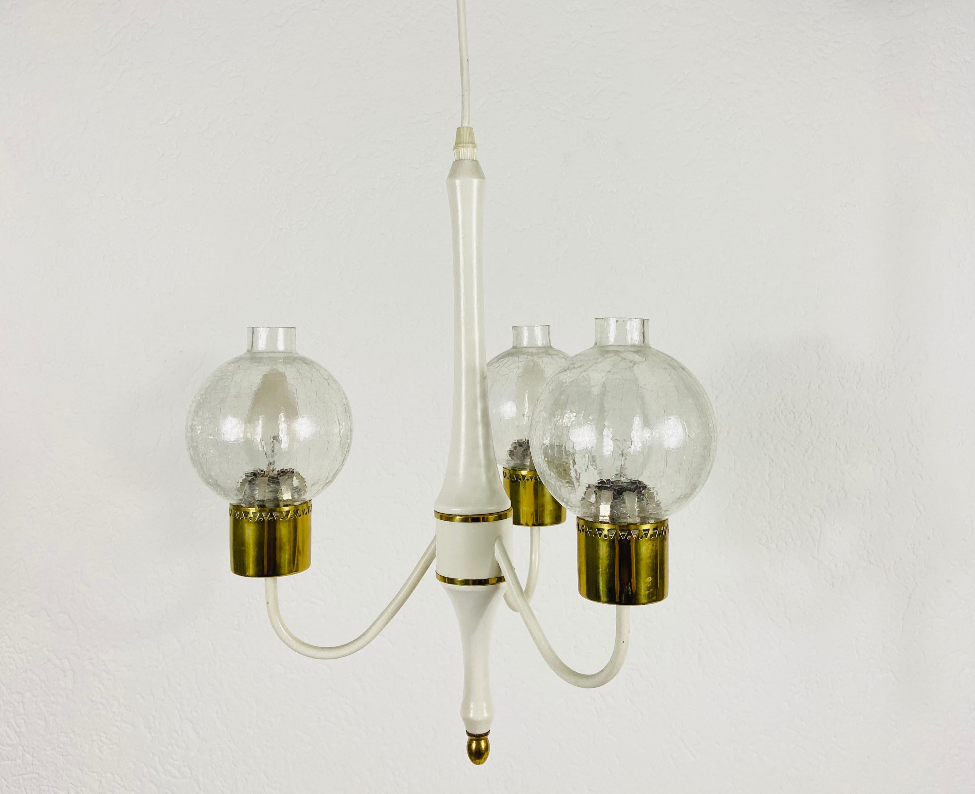 Mid-Century Modern Midcentury Brass and Glass 3-Arm Tulip Chandelier, 1960s For Sale