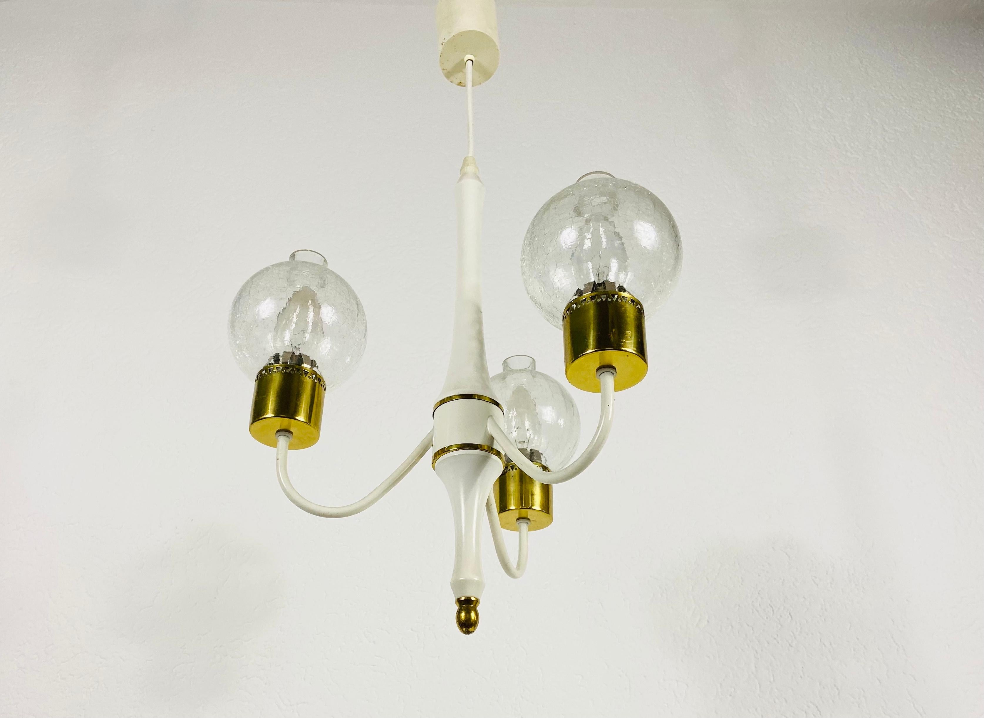 German Midcentury Brass and Glass 3-Arm Tulip Chandelier, 1960s For Sale
