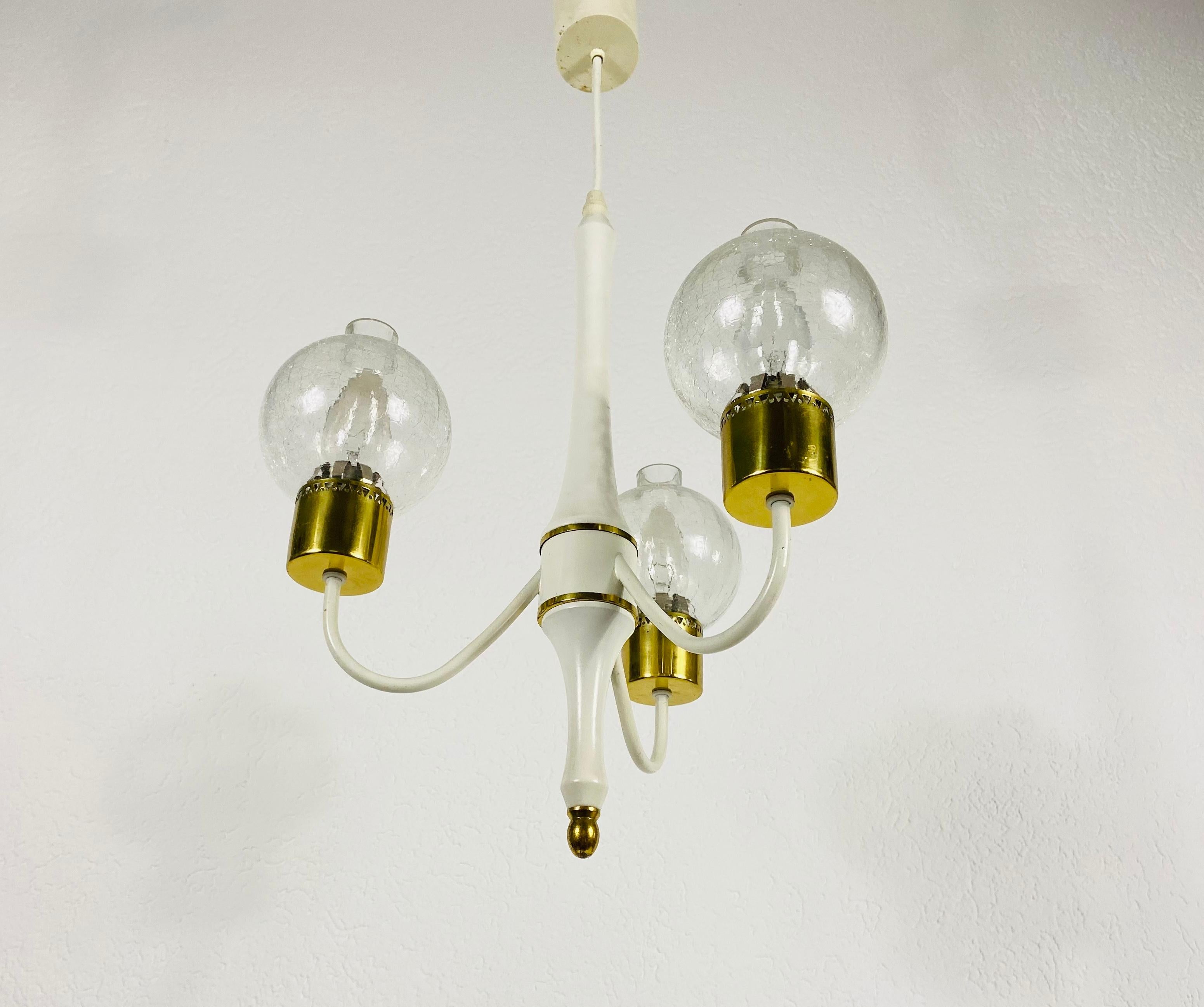 Mid-20th Century Midcentury Brass and Glass 3-Arm Tulip Chandelier, 1960s For Sale